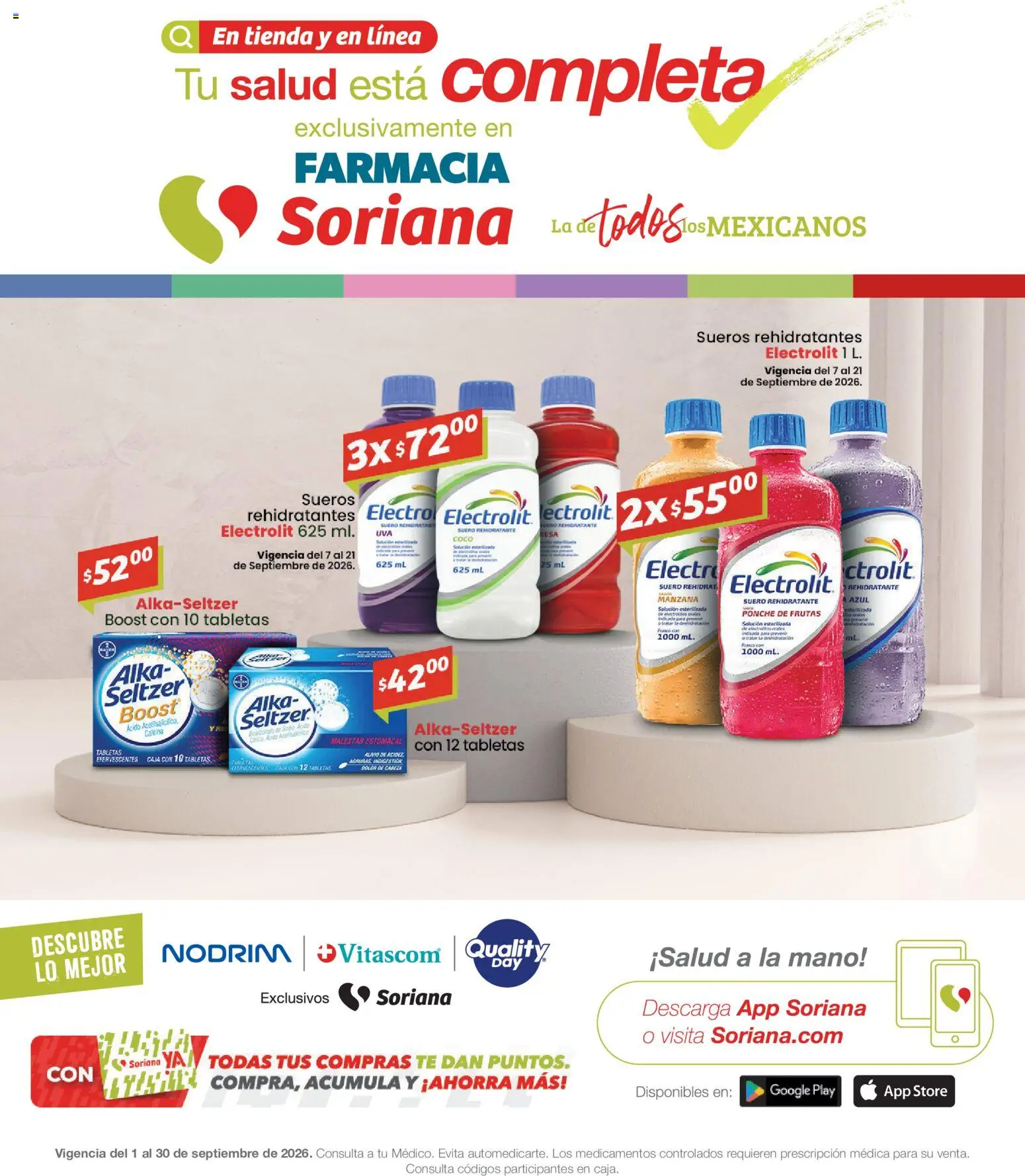 Nuevas ofertas de Soriana válidas en toda la República Mexicana desde el 01/09/2026. ¡Encuentra las mejores ofertas en Soriana Folleto Farmacia Soriana Híper Nacional! | Página: 1 | Productos: Coco, Manzana, Tabletas efervescentes, Té