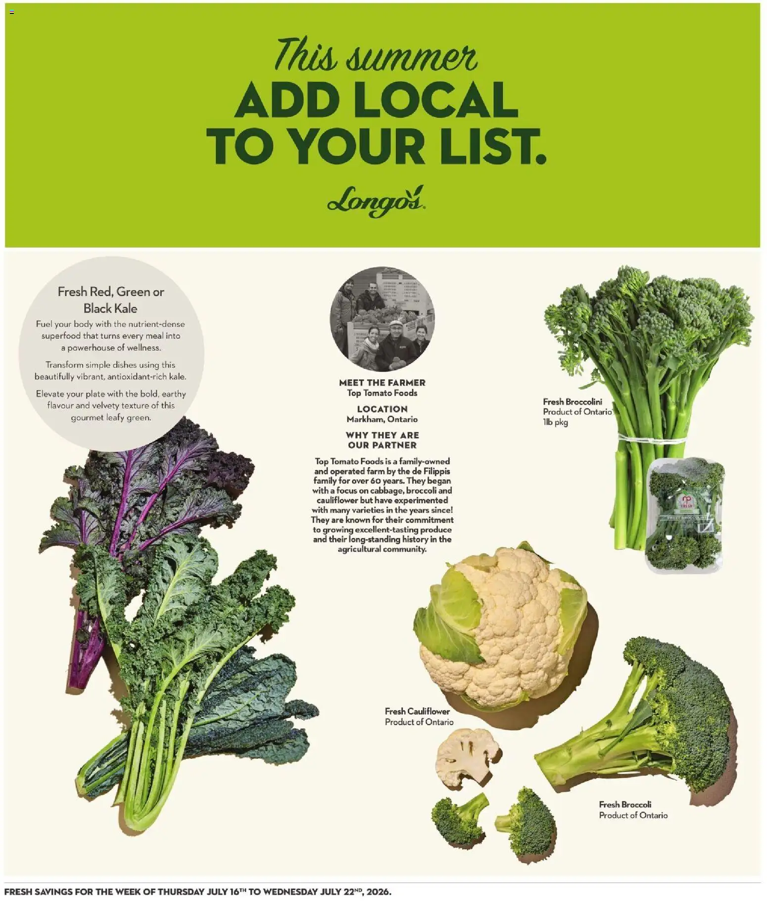 Longo's flyer valid from Jul 16, 2026 | Page: 17 | Products: Tomato, Dishes, Kale, Cauliflower