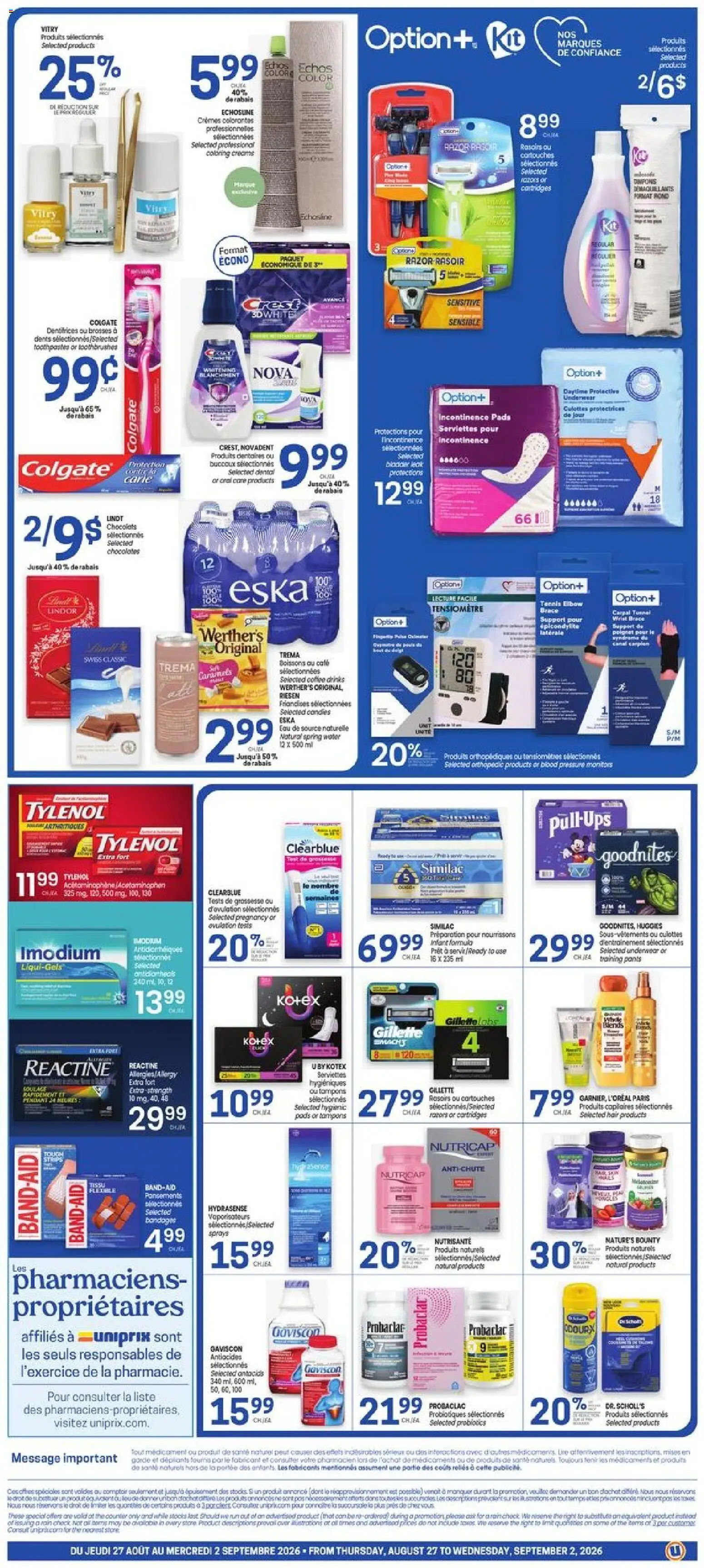 Uniprix flyer valid from Aug 27, 2026 | Page: 2 | Products: Incontinence pads, Candles, Coffee, Pants