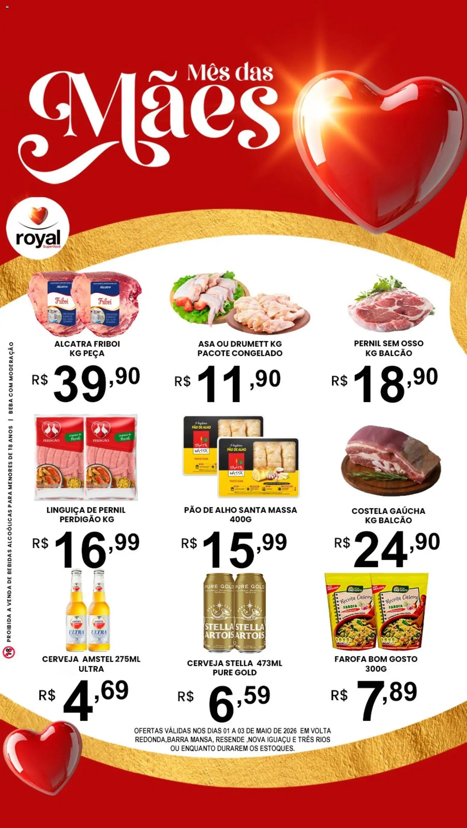 Royal Supermercados Folheto - válido de 01.05.2026 | Página: 1 | Produtos: Alho, Pao de alho, Alcatra, Massa