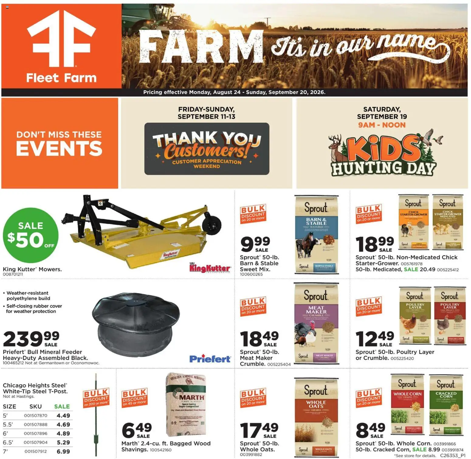 Mills Fleet Farm Weekly Ad - valid from 08/24/2026 | Page: 1 | Products: Corn, Grains, Bedding, Butter