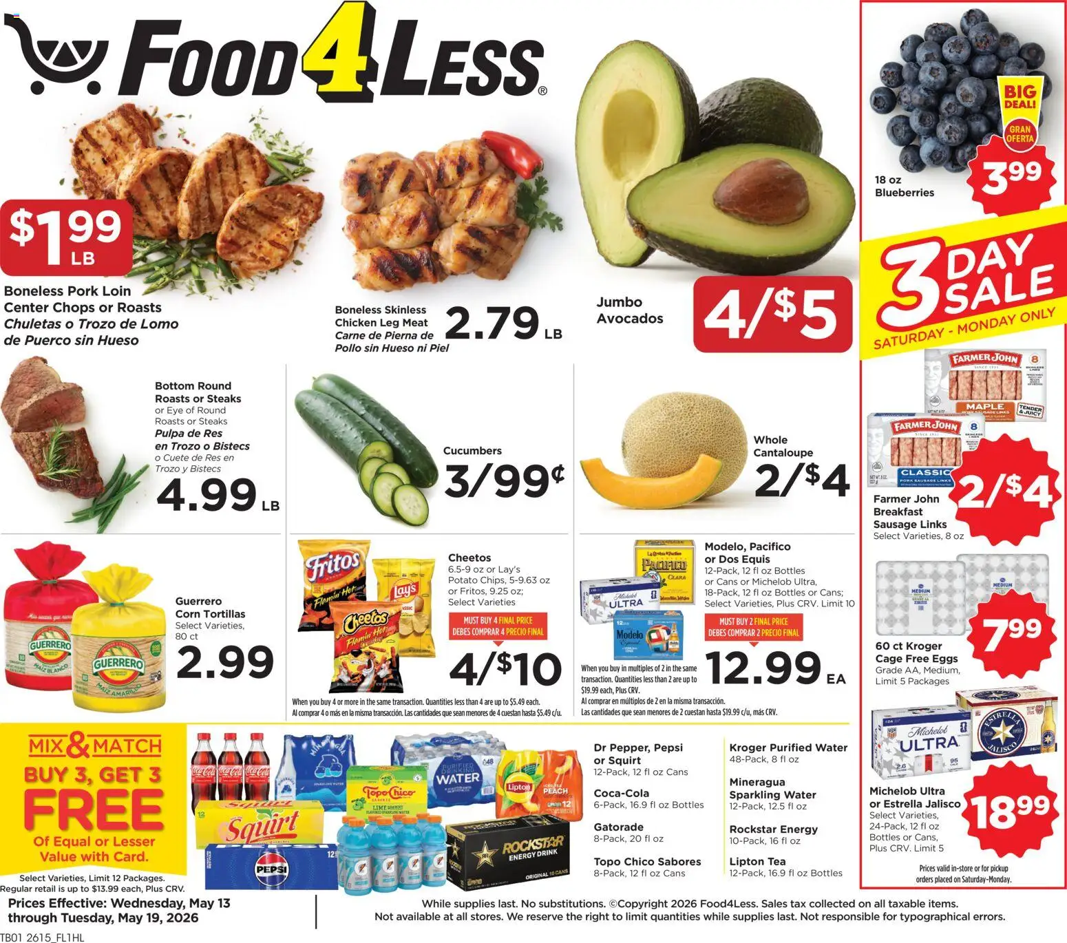 Food 4 Less Weekly Ad - valid from 13.05.2026 | Page: 1 | Products: Corn, Tea, Lime, Blueberries
