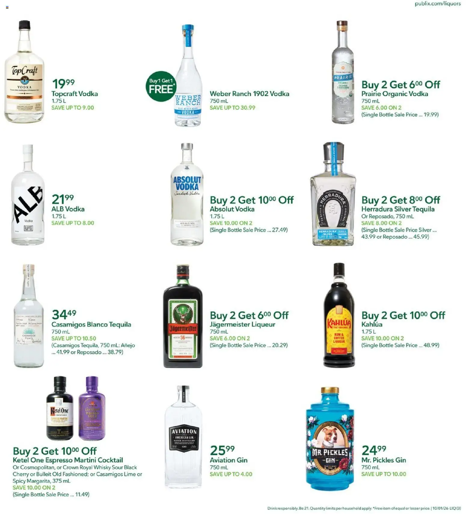 Publix Liquor Ad - valid from 10/01/2026 | Page: 3 | Products: Jägermeister, Tequila, Pickles, Lime