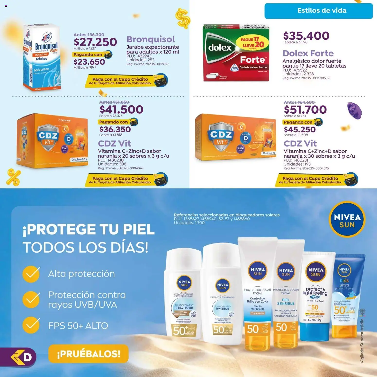 Colsubsidio revista - valida desde el 15/09/2026 | Página: 9 | Productos: Analgésico, Tableta, Sobre, Protector solar
