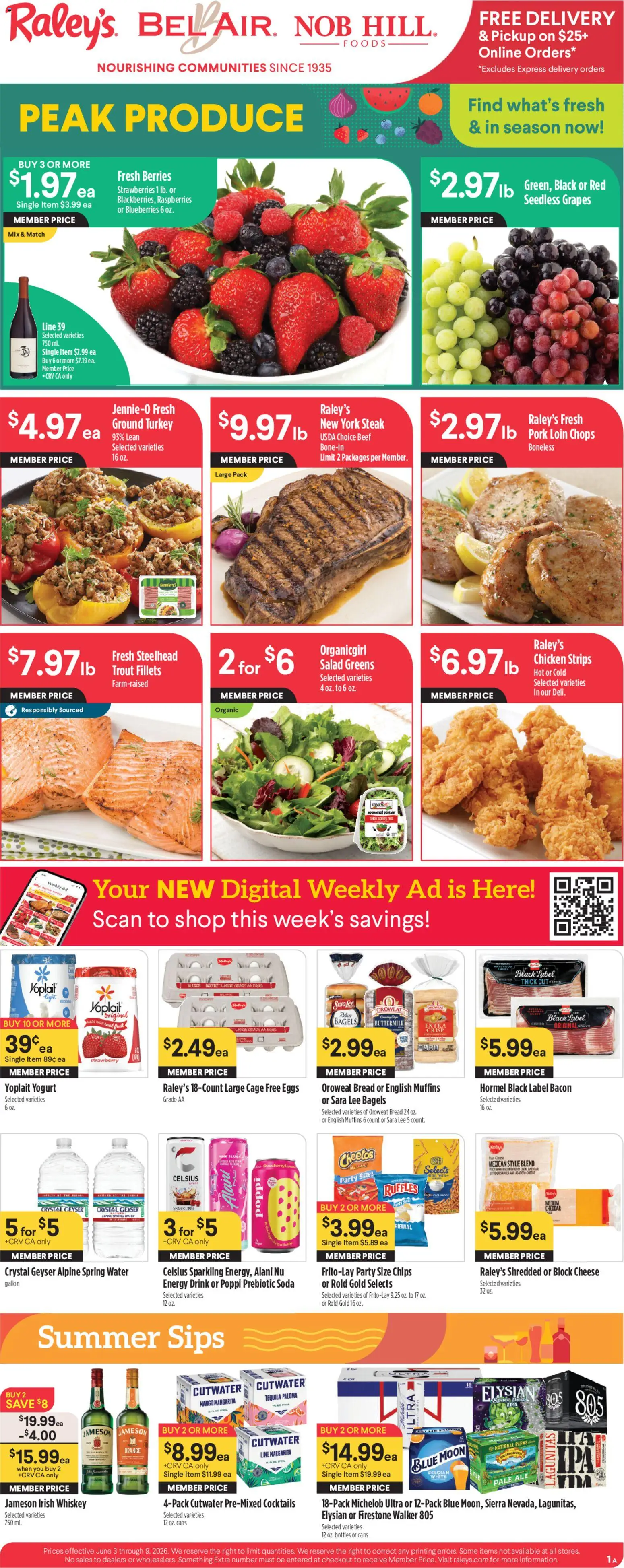 Raley's Weekly Ad - valid from 03.06.2026 | Page: 1 | Products: Eggs, Greens, Grapes, Blueberries