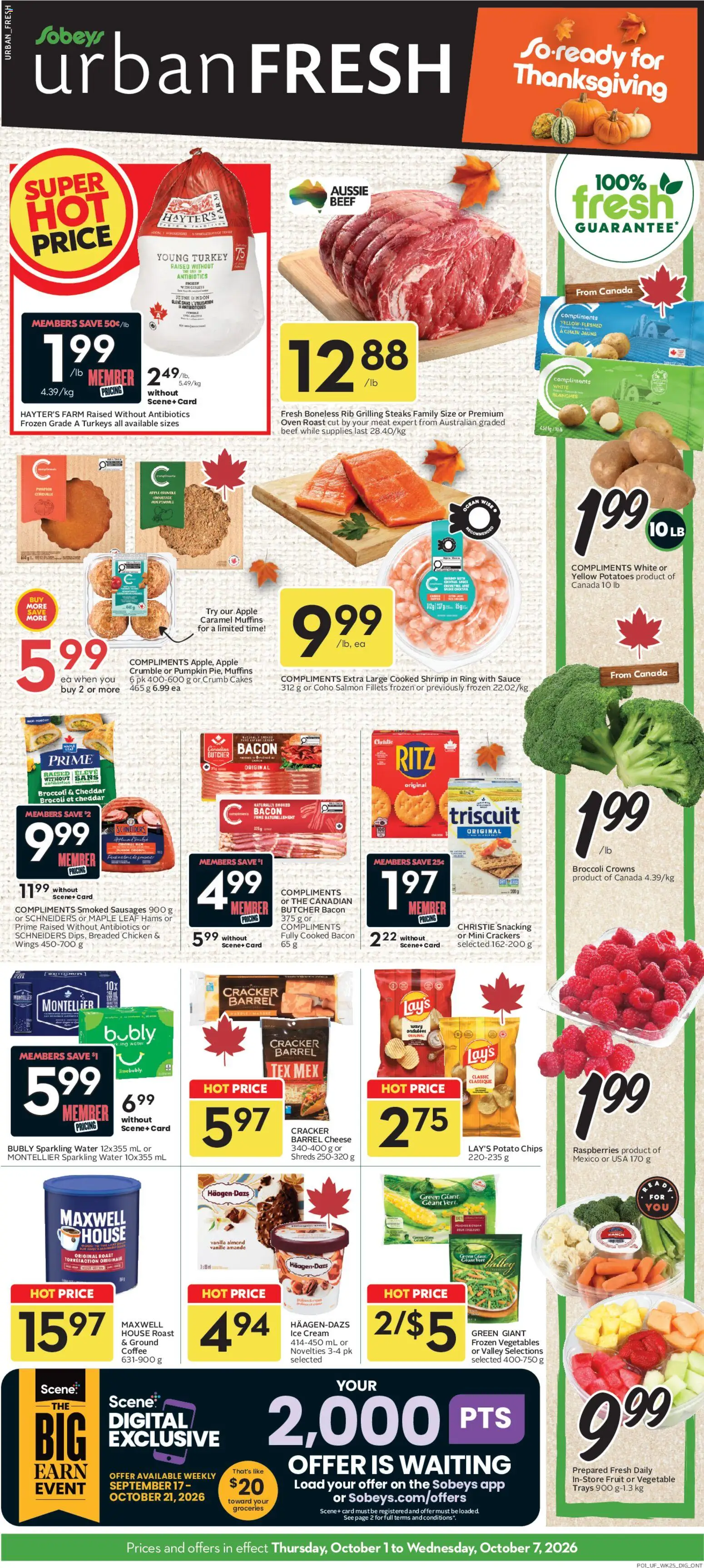 Sobeys flyer valid from Oct 1, 2026 | Page: 1 | Products: Chips, Bacon, Potatoes, Frozen vegetables