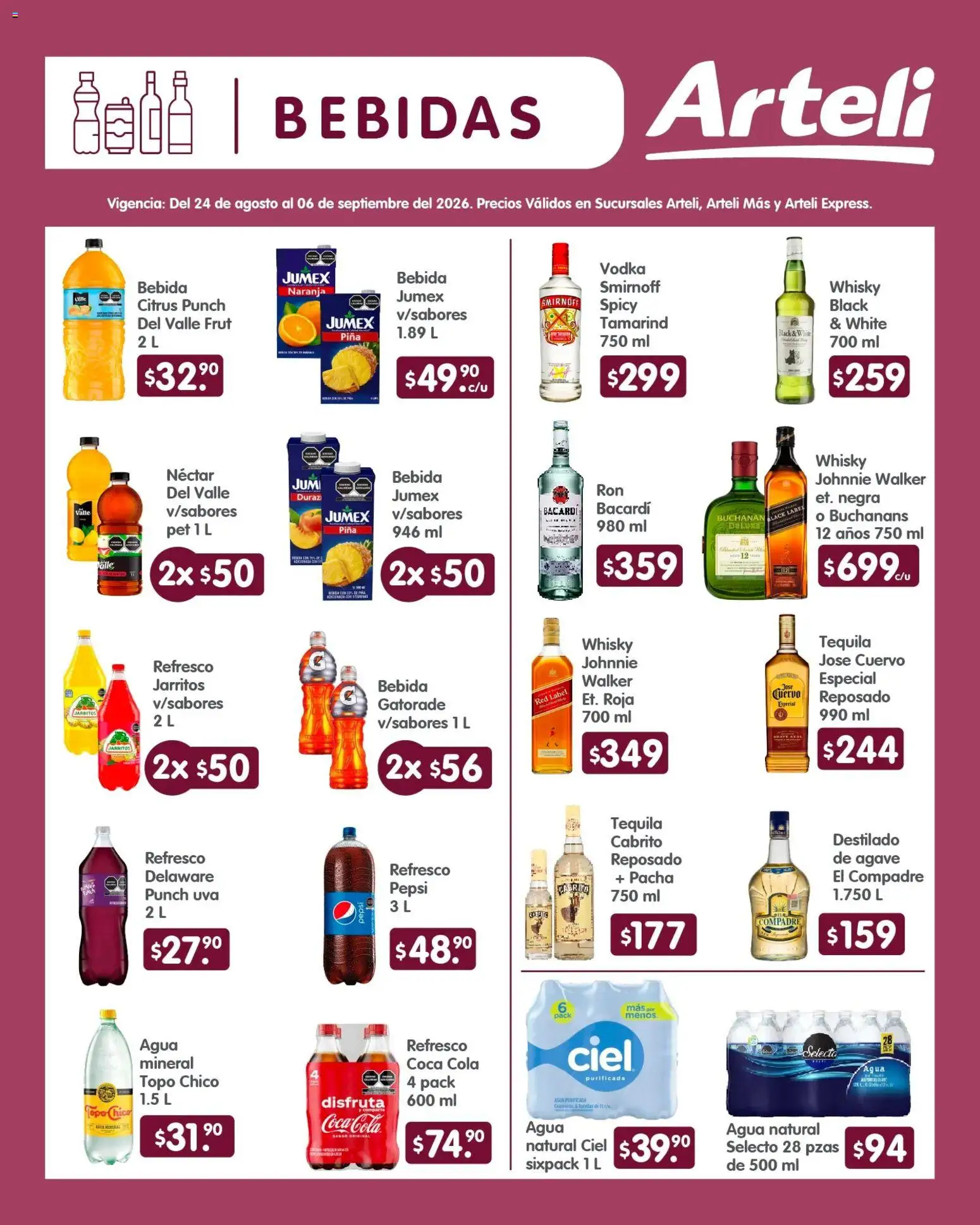 Nuevas ofertas de Arteli válidas en toda la República Mexicana desde el 24/09/2026. ¡Encuentra las mejores ofertas en Arteli folleto Quincenal! | Página: 4 | Productos: Agua, Tequila, Bebidas, Agave