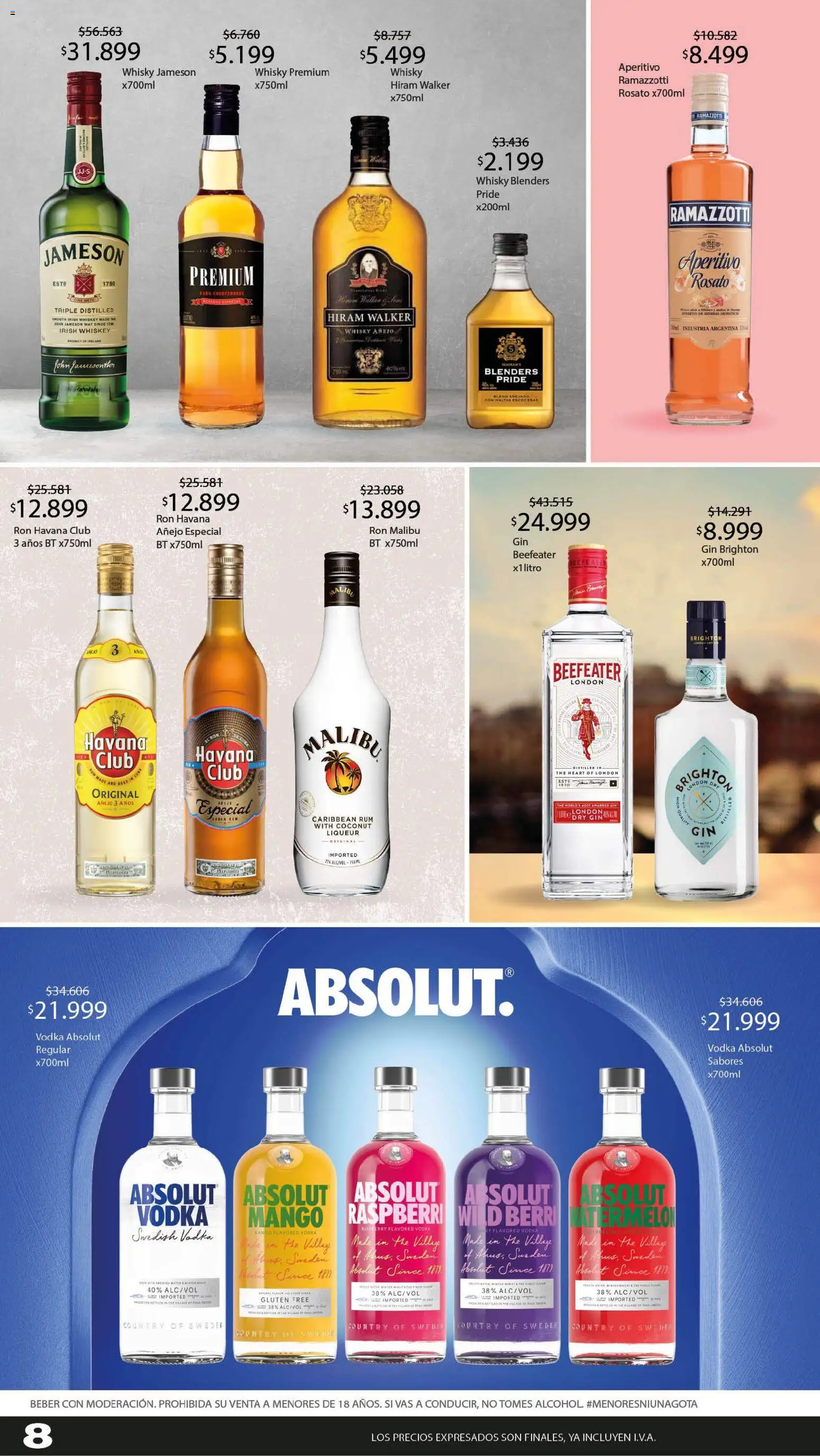 Makro ofertas │ válido desde el 06/08/2026 | Página: 8 | Productos: Ron Malibú, Whiskey, Havana, Mango