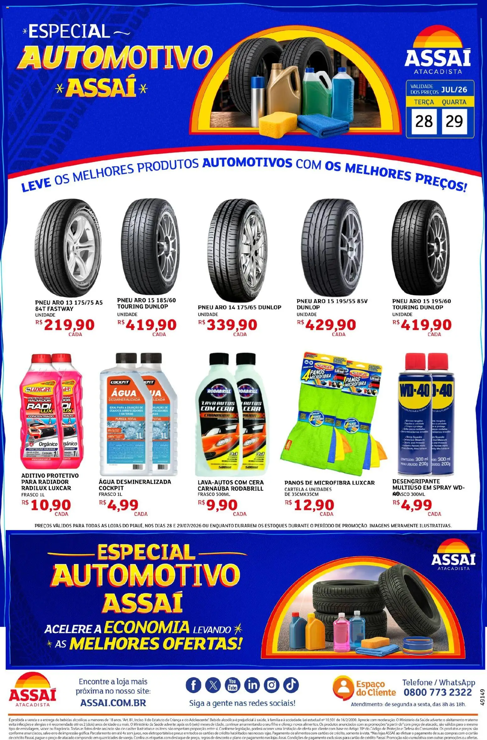 Assaí Atacadista Folheto - válido de 28/07/2026 | Página: 1 | Produtos: Pneu, Radiador, Cera, Telefone