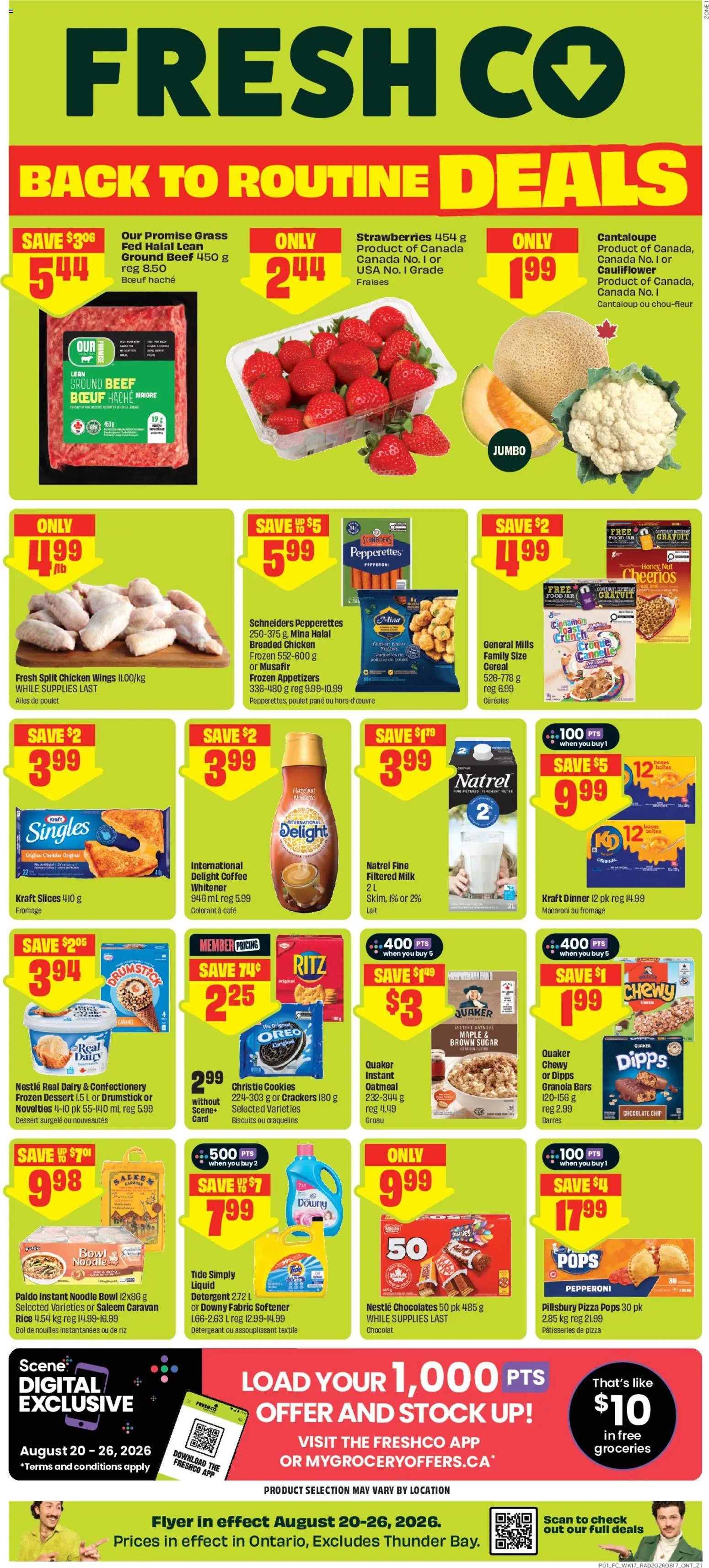 FreshCo flyer valid from Aug 20, 2026 | Page: 1 | Products: Confectionery, Croquettes, Dessert, Chicken breast