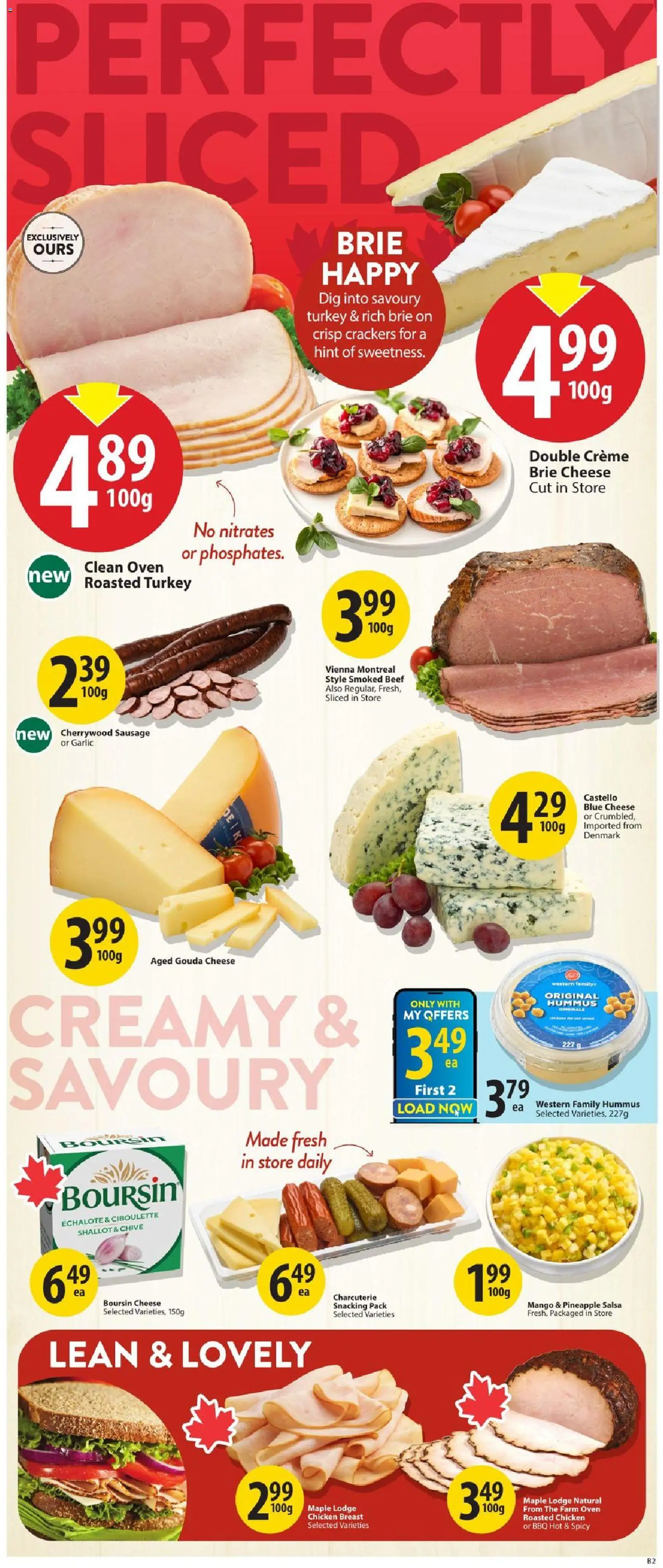 Save on foods flyer valid from Jul 23, 2026 | Page: 13 | Products: Hummus, Sausage, Cheese, Chicken