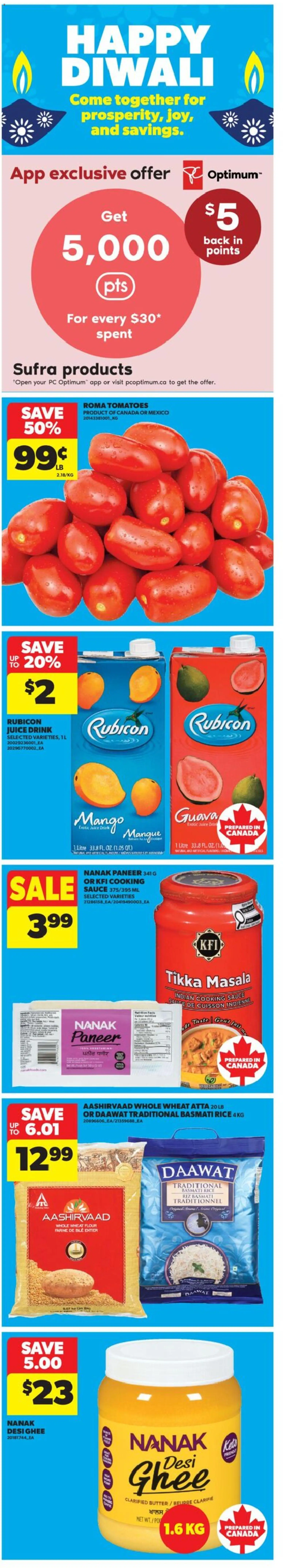 Real Canadian Superstore flyer valid from Sep 24, 2026 | Page: 4 | Products: Flour, Ghee, Juice, Tomatoes
