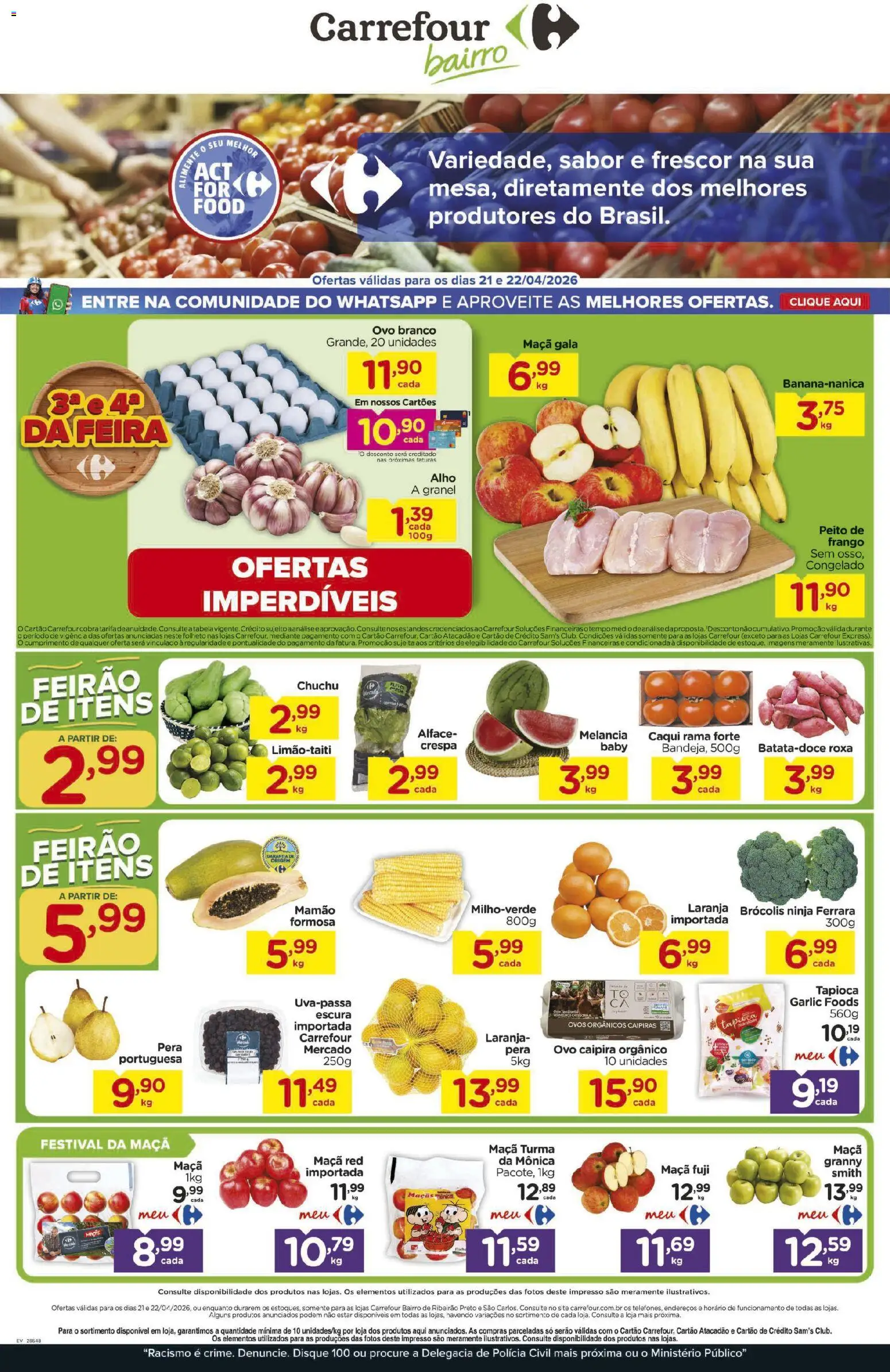 Carrefour Bairro Folheto - válido de 21.04.2026 | Página: 1 | Produtos: Pera, Chuchu, Brócolis, Peito de frango