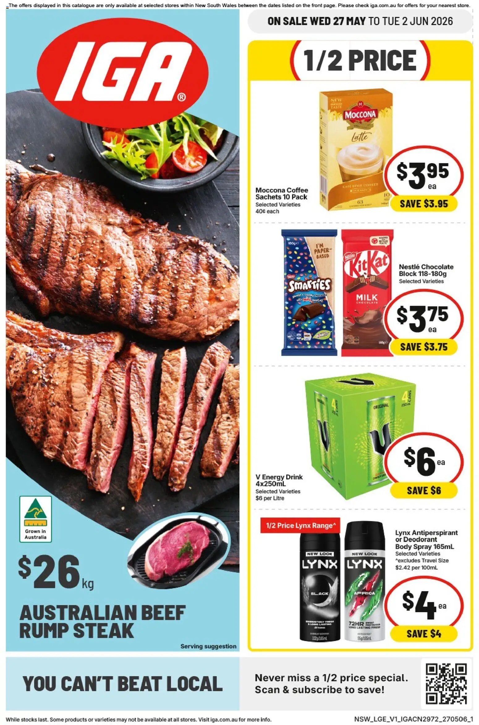 IGA catalogue - valid from 27.05.2026 | Page: 1 | Products: Energy drink, Deodorant, Antiperspirant, Steak