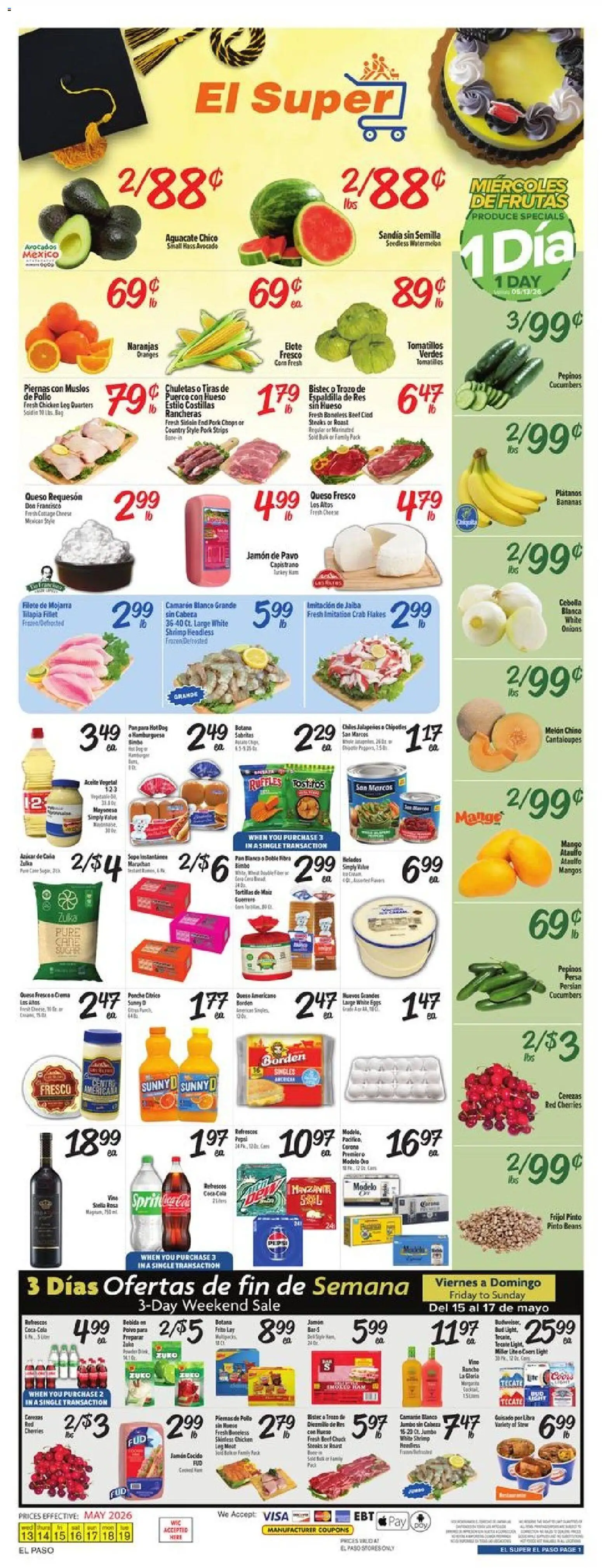 El Super Weekly Ad - TX - valid from 13.05.2026 | Page: 1 | Products: Cantaloupes, Cherries, Cottage cheese, Cucumbers