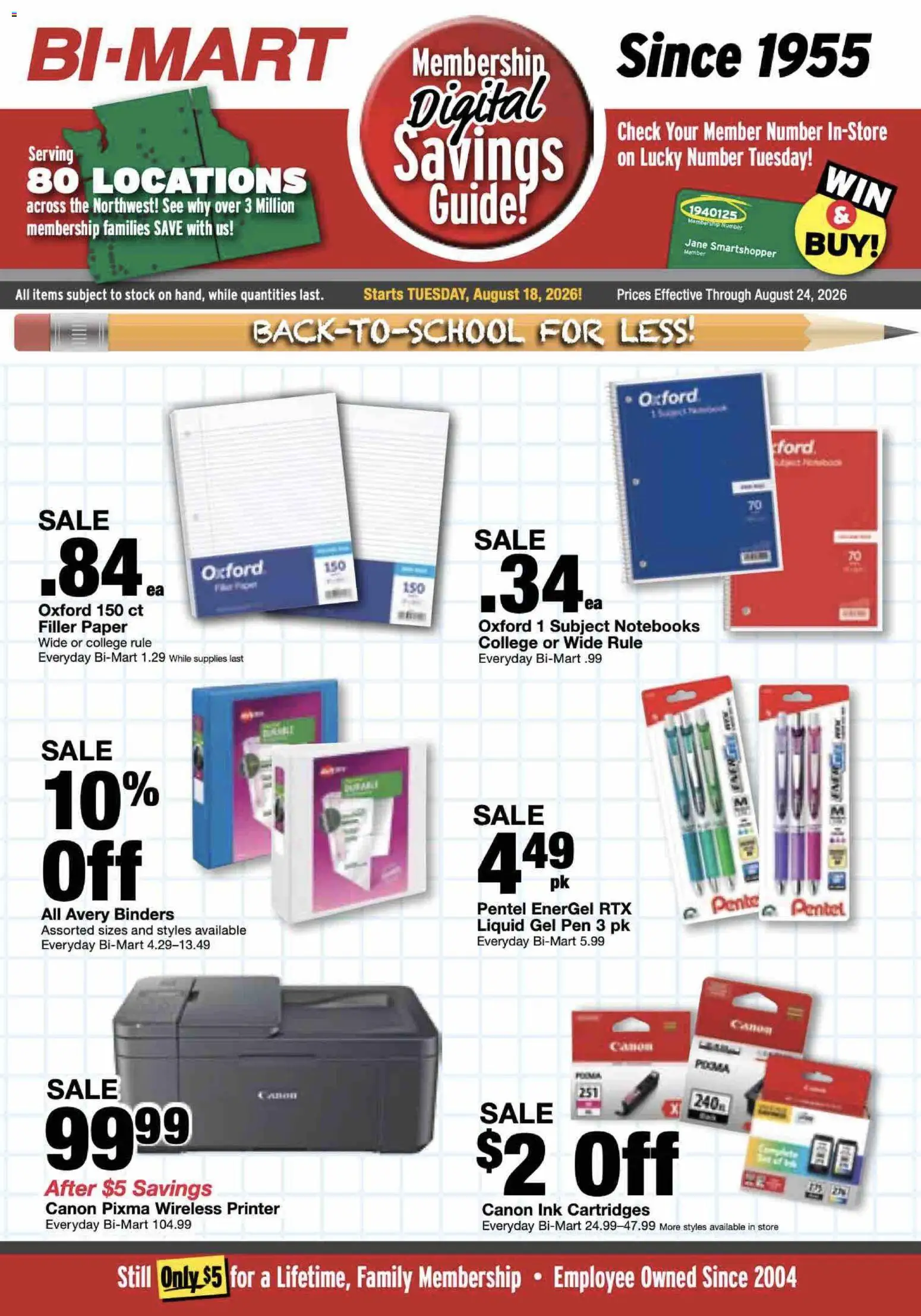 Bi-Mart Weekly Ad - valid from 08/18/2026 | Page: 1 | Products: Pen, Ink, Notebooks, Printer