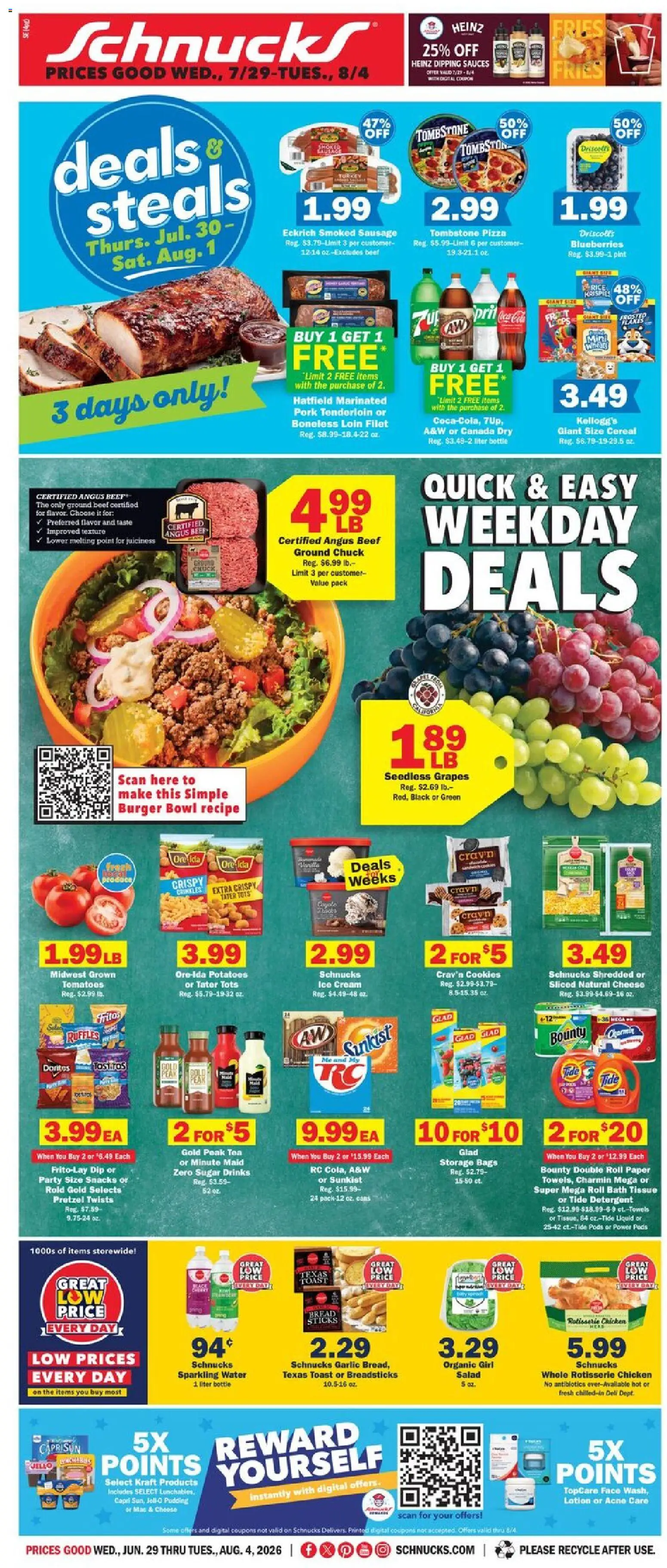 Schnucks Weekly Ad - valid from 07/29/2026 | Page: 1 | Products: Bath, Salad, Sugar, Grapes