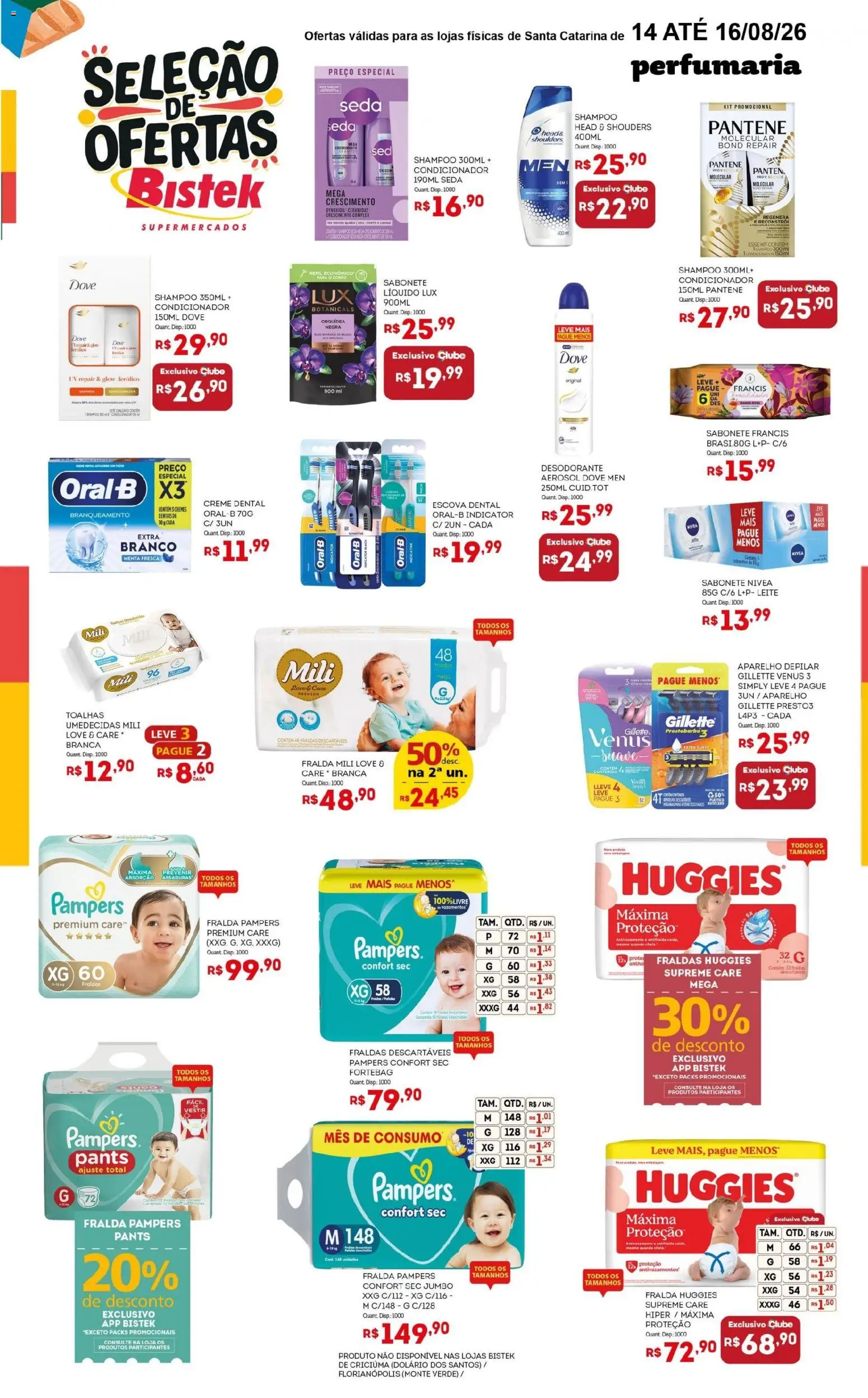 Bistek Supermercados Folheto - válido de 14/08/2026 | Página: 4 | Produtos: Fralda pampers, Escova, Sabonete, Fraldas