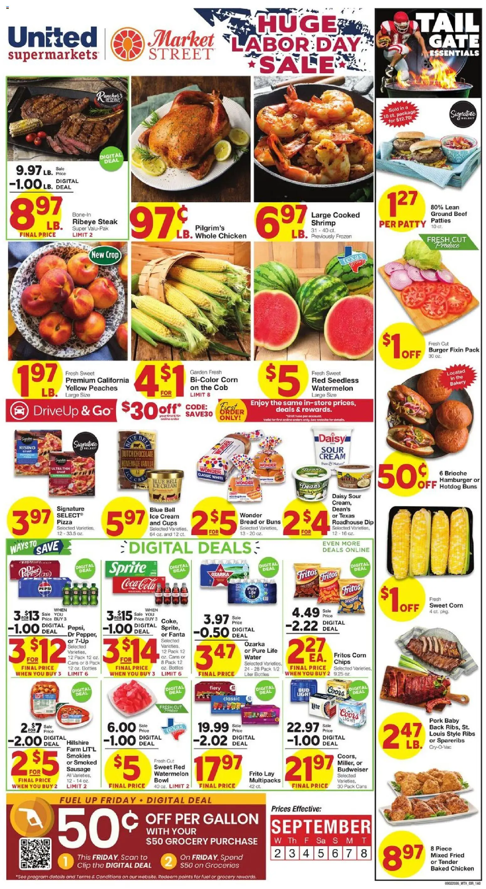 United Supermarkets Weekly Ad - valid from 09/02/2026 | Page: 1 | Products: Groceries, Pizza, Pork, Ice