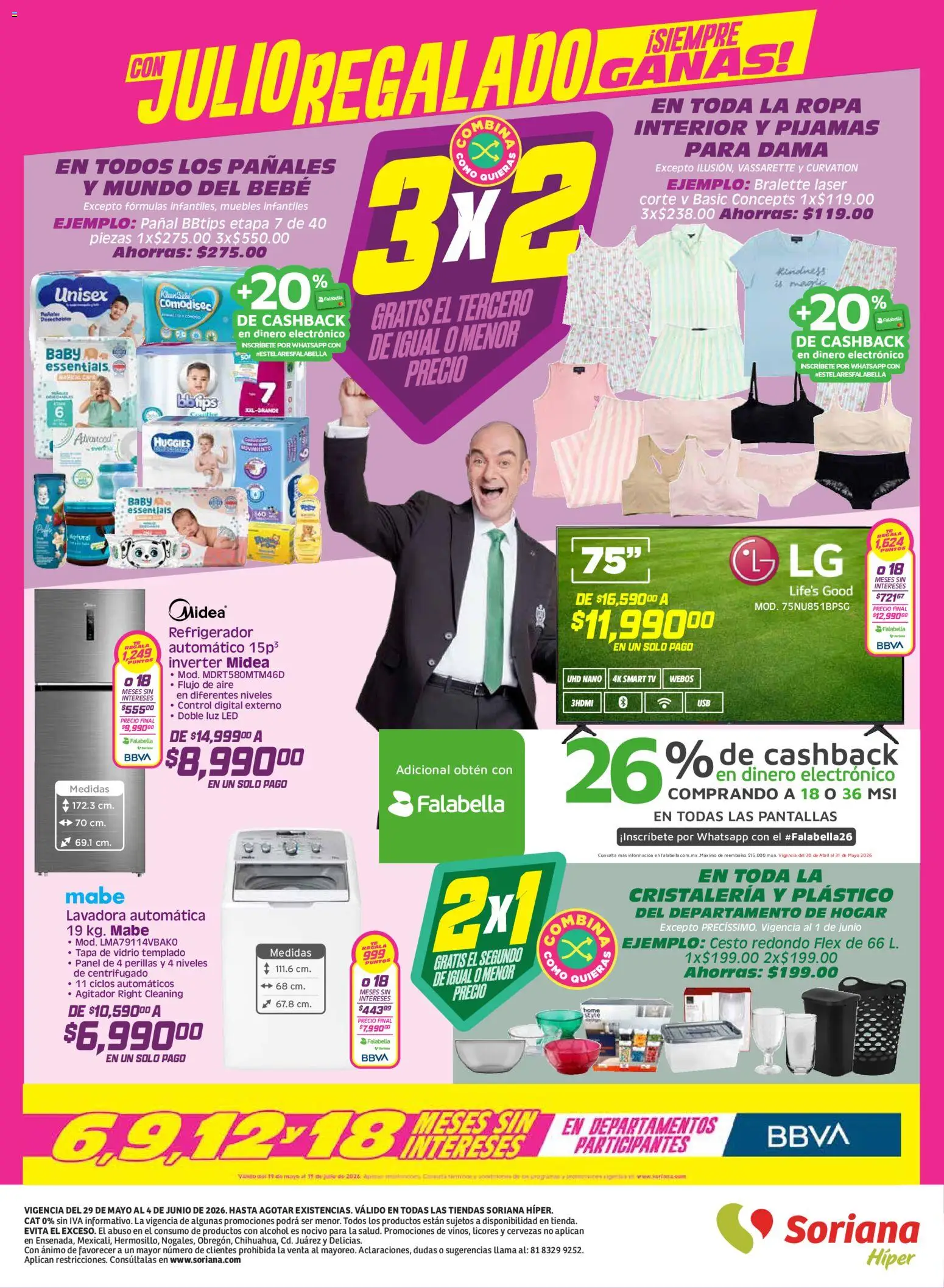 Nuevas ofertas de Soriana válidas en toda la República Mexicana desde el 29.05.2026. ¡Encuentra las mejores ofertas en Soriana Julio Regalado Híper Nacional! | Página: 8 | Productos: Refrigerador, Pantallas, Lavadora, Ropa