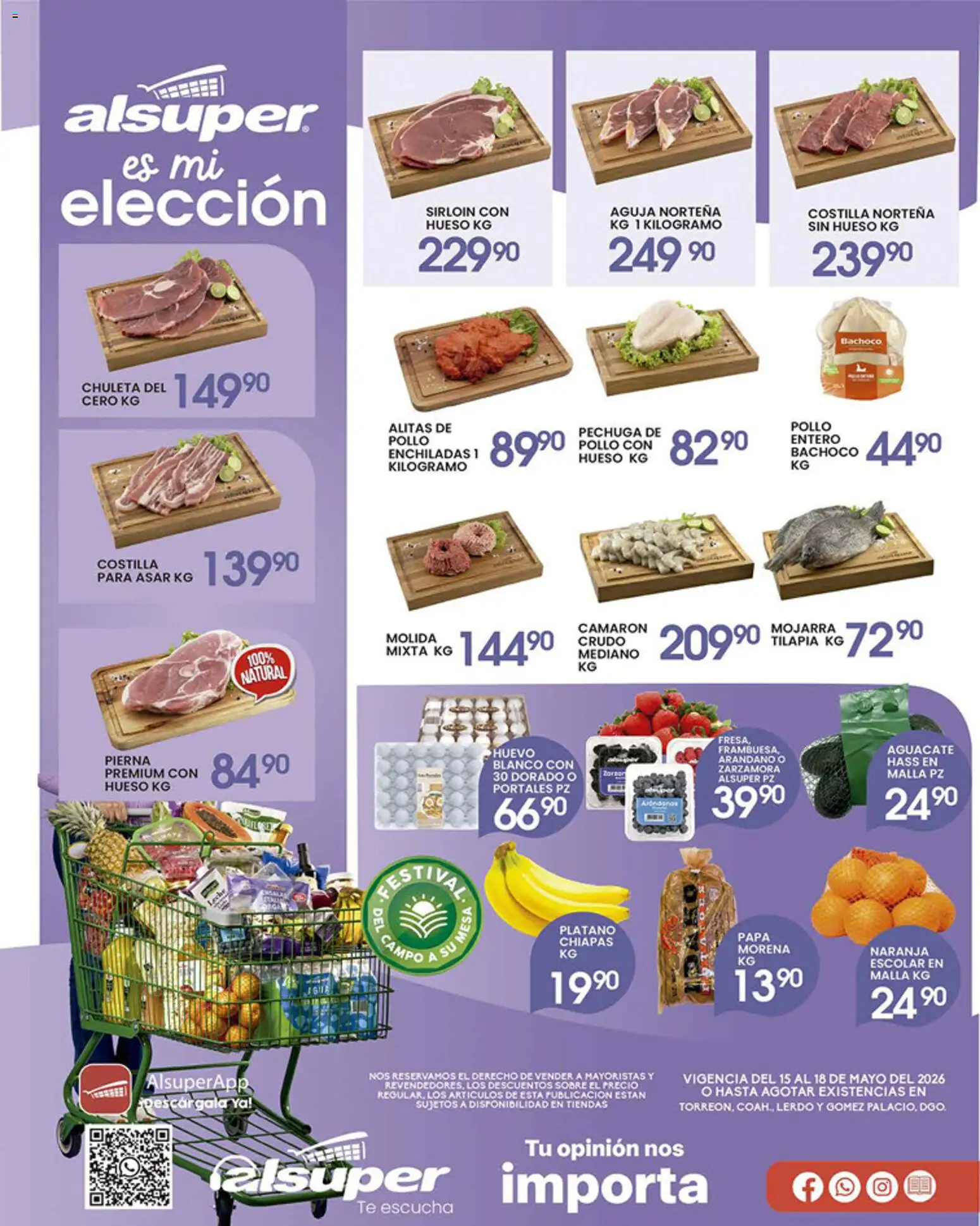 Nuevas ofertas de Alsuper válidas en toda la República Mexicana desde el 15.05.2026. ¡Encuentra las mejores ofertas en Alsuper folleto Laguna! | Página: 1 | Productos: Pollo, Plátano, Huevo, Malla