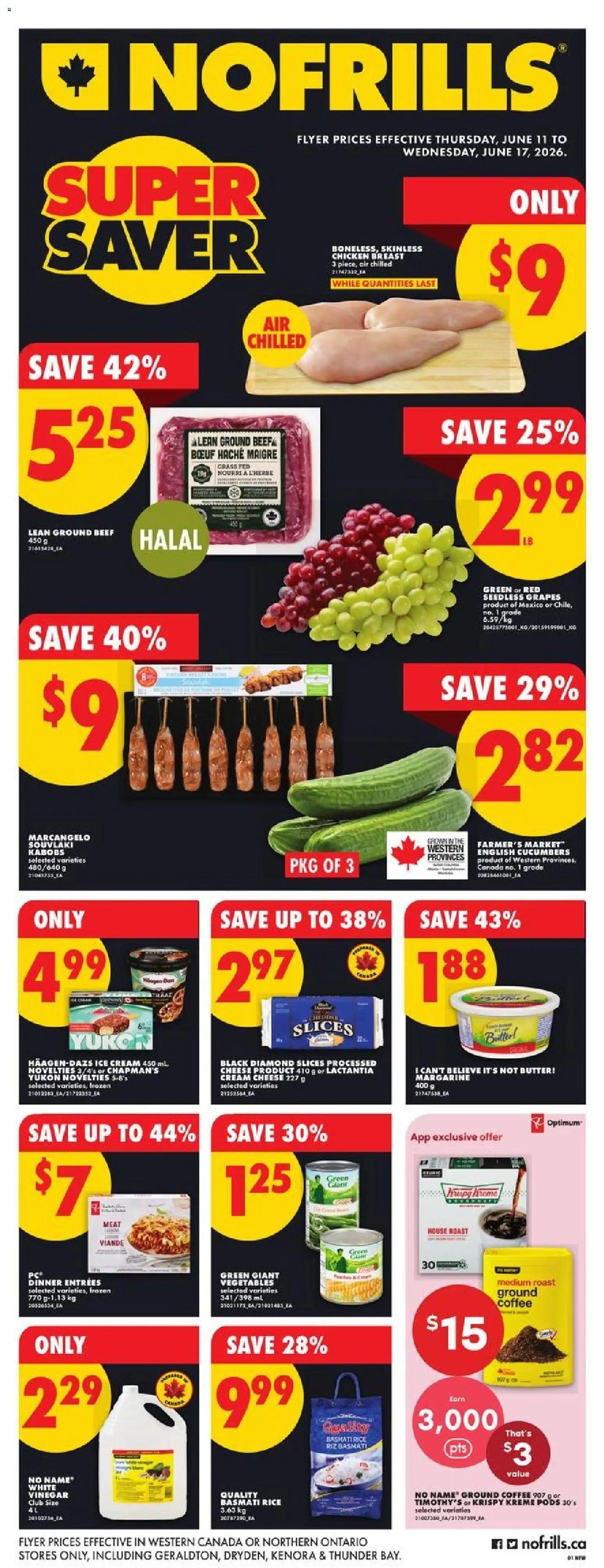 No Frills flyer valid from 11.06.2026 | Page: 1 | Products: Beef, Cucumbers, Ice cream, Cheese