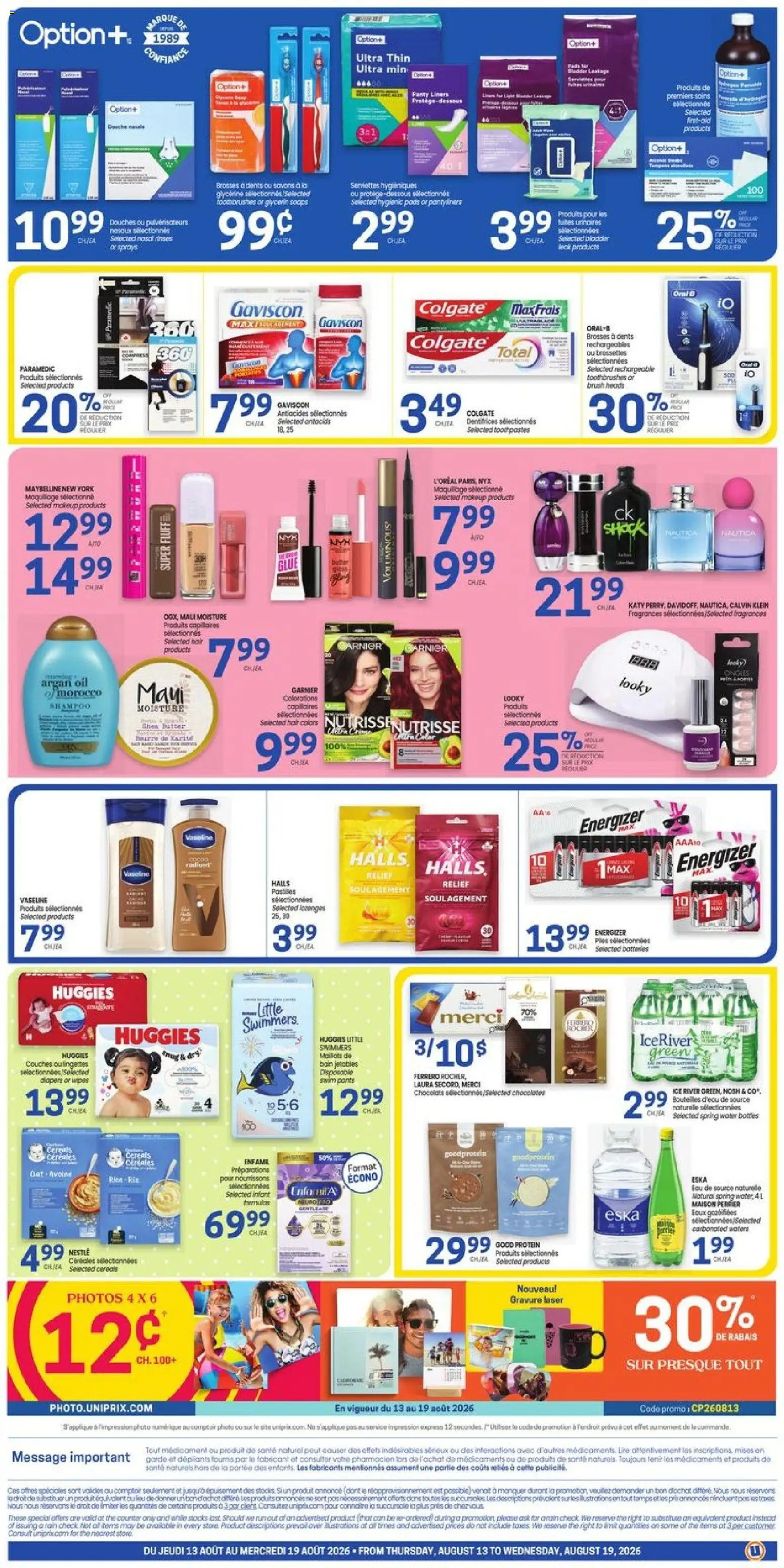 Uniprix flyer valid from Aug 13, 2026 | Page: 2 | Products: Cereals, Water, Butter, Panty liners