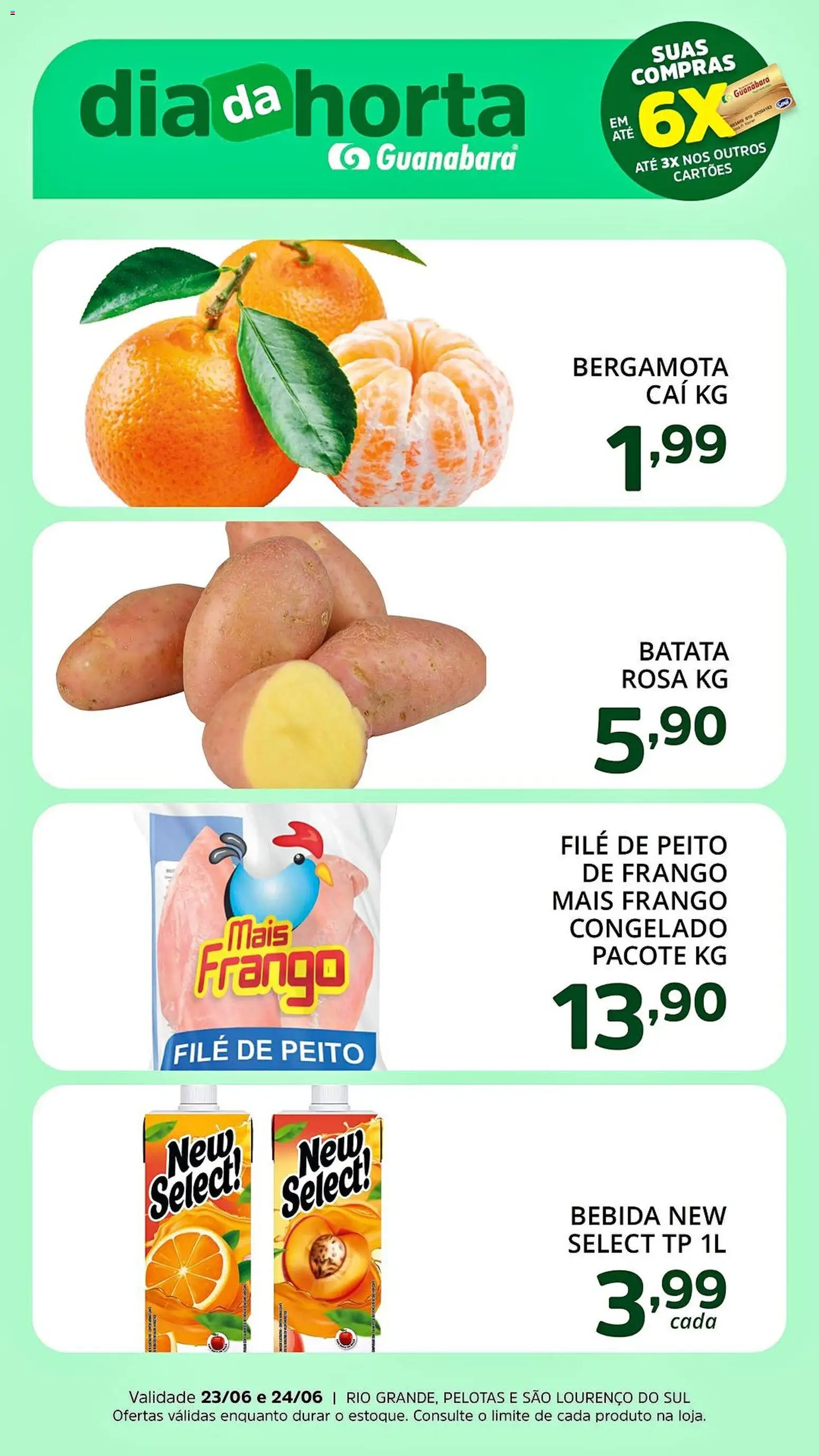Supermercado Guanabara Folheto - válido de 23/06/2026 | Página: 3 | Produtos: Bergamota, Bebida, Batata, Frango