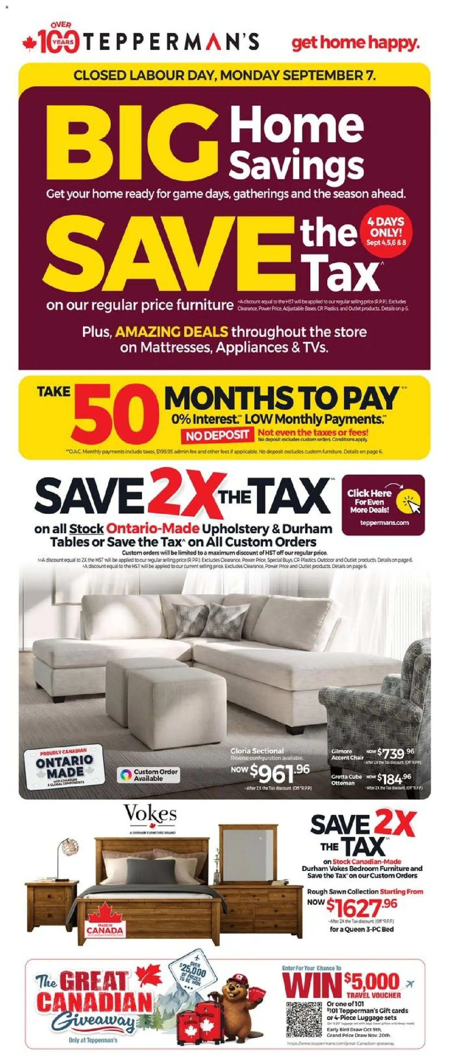 Tepperman's flyer valid from Sep 4, 2026 | Page: 1 | Products: Luggage, Game, Bed, Chair