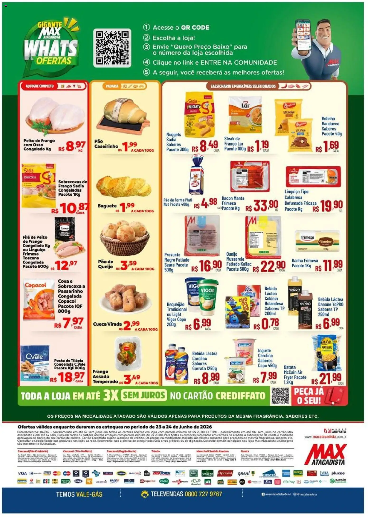 Max Atacadista Folheto - válido de 23/06/2026 | Página: 2 | Produtos: Pão, Baixo, Mussarela, Peito de frango