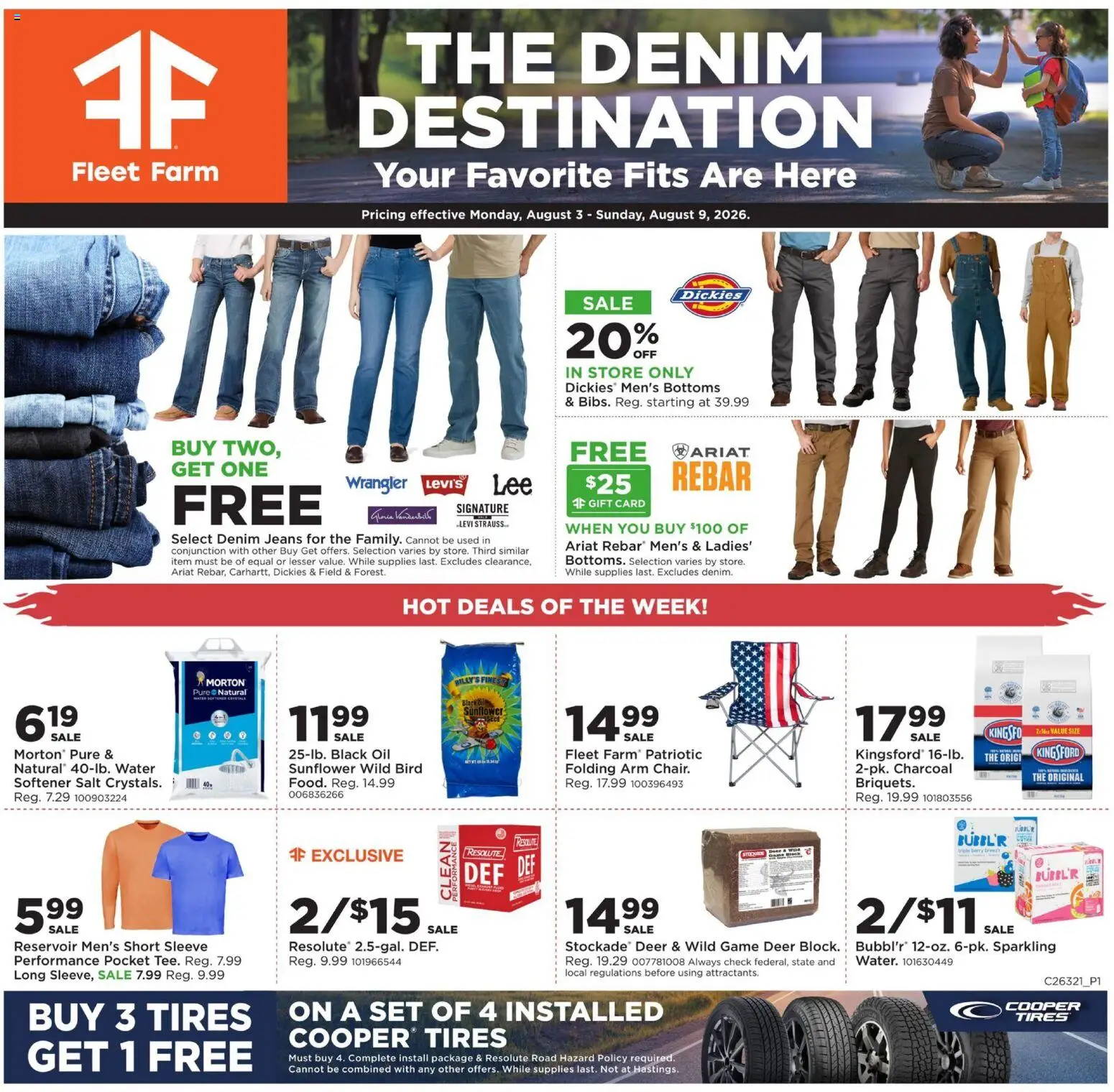 Mills Fleet Farm Weekly Ad - valid from 08/03/2026 | Page: 1 | Products: Oil, Water, Salt, Jeans