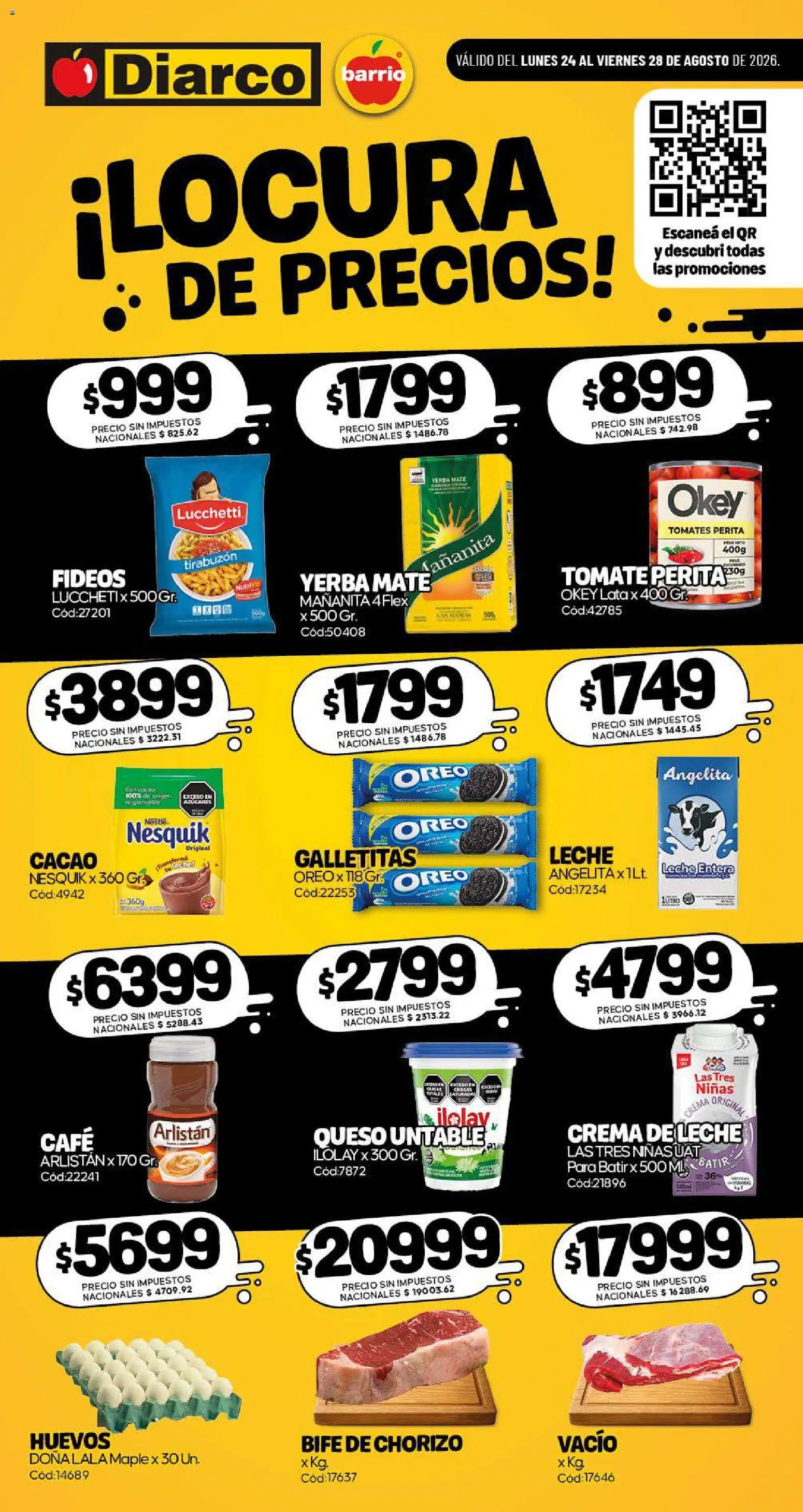 Diarco - Especial Locura De Precios │ válido desde el 24/08/2026 | Página: 1 | Productos: Bife de chorizo, Bife, Yerba, Crema