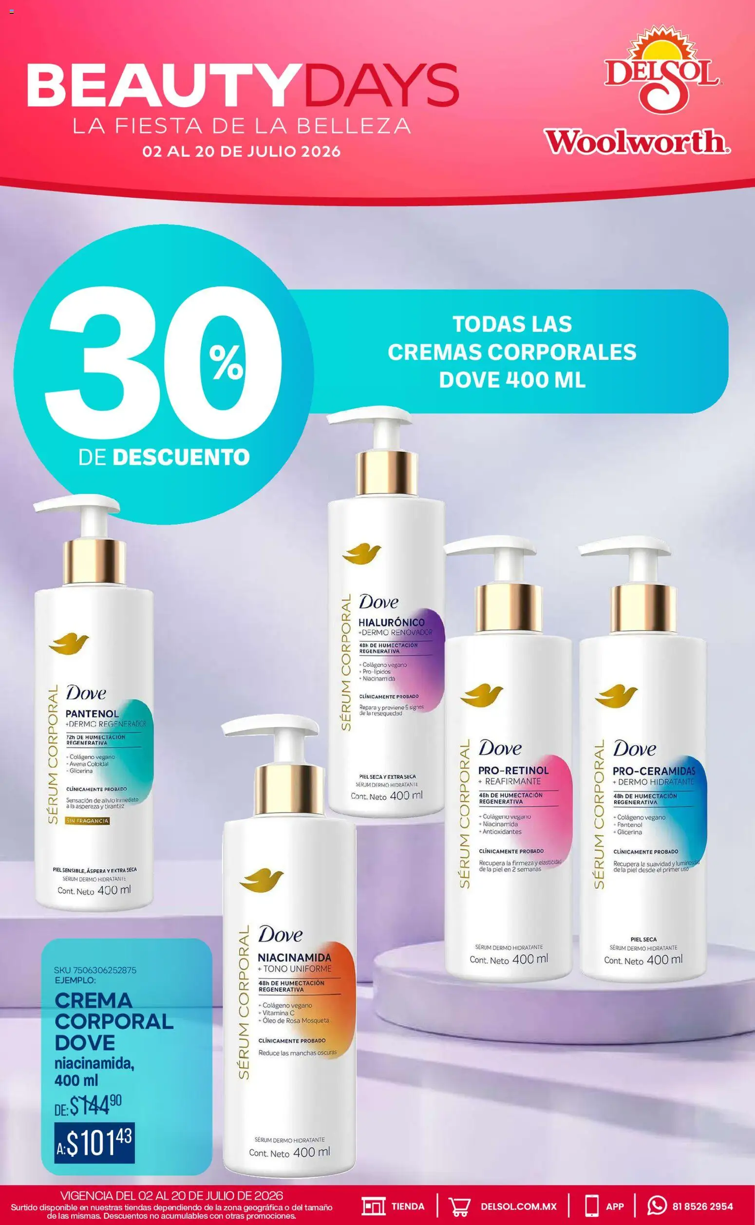 Nuevas ofertas de Del Sol y Woolworth válidas en toda la República Mexicana desde el 02/07/2026. ¡Encuentra las mejores ofertas en Del Sol y Woolworth katalog Beauty Days! | Página: 13 | Productos: Avena, Serum, Crema, Fragancia