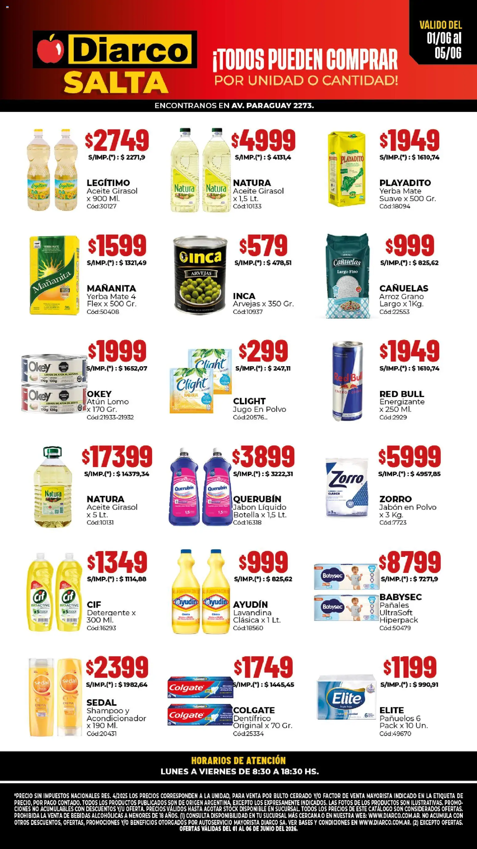 Diarco - Ofertas Salta │ válido desde el 01.06.2026 | Página: 1 | Productos: Lavandina, Jugo, Arroz, Pañales