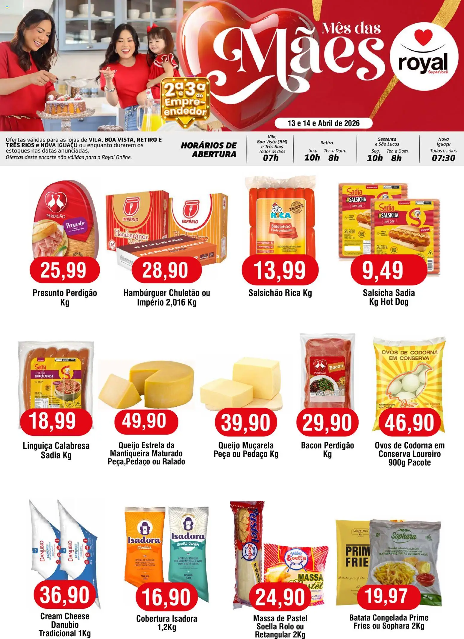 Royal Supermercados Folheto - válido de 13.04.2026 | Página: 1 | Produtos: Rolo, Linguiça, Hambúrguer, Massa de pastel