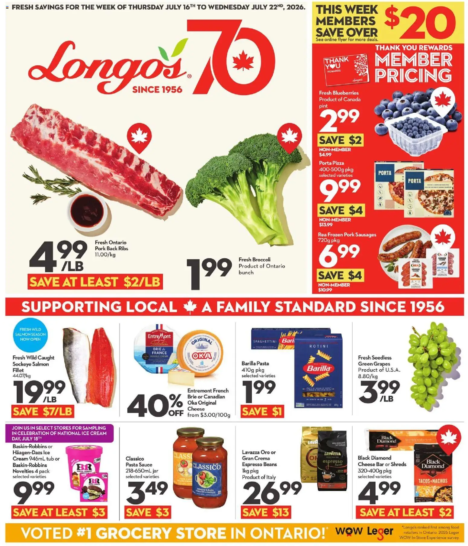 Longo's flyer valid from Jul 16, 2026 | Page: 1 | Products: Cream, Salmon, Broccoli, Pork