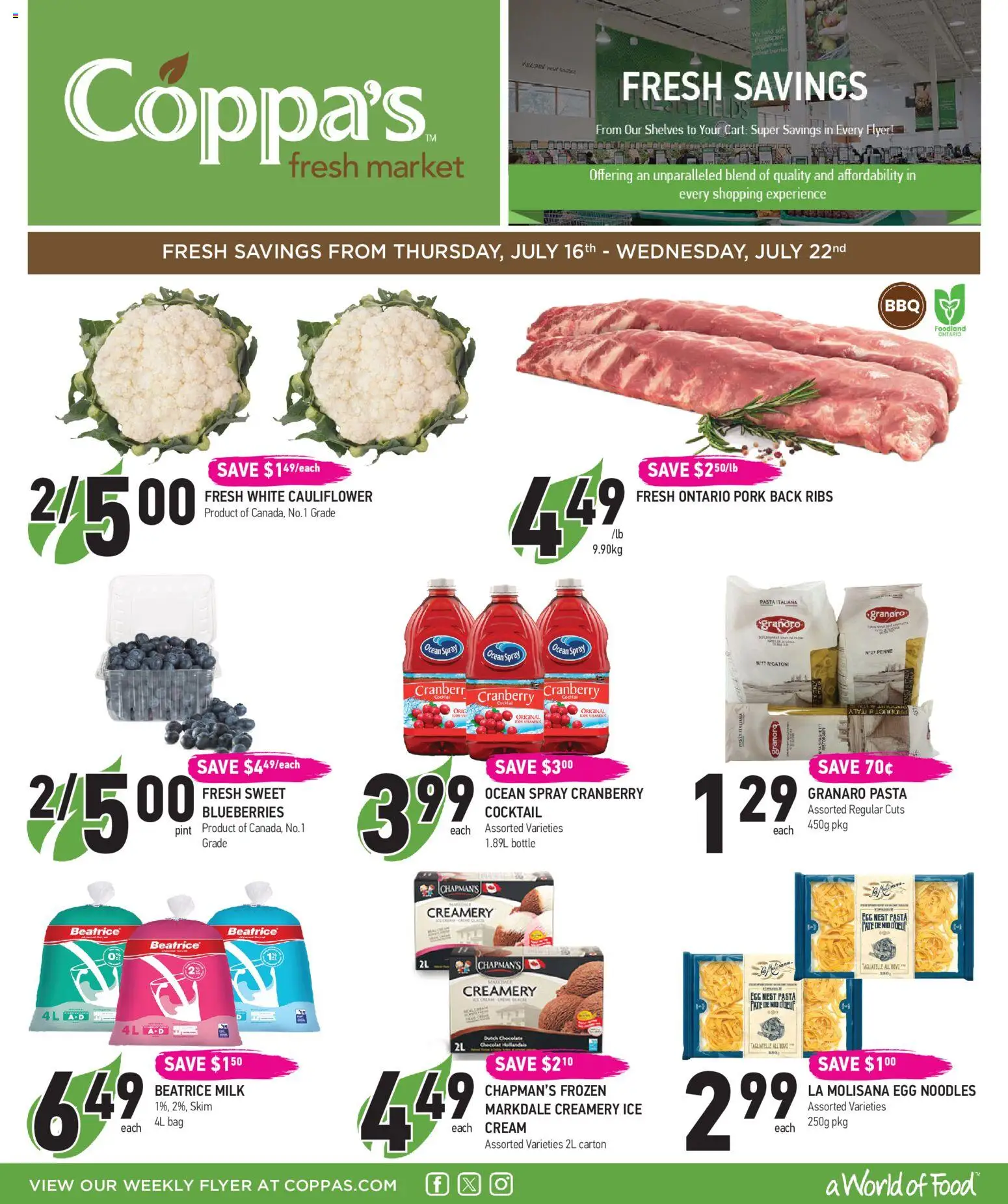 Coppas Fresh Market flyer valid from Jul 16, 2026 | Page: 1 | Products: Noodles, Pasta, Cream, Bag