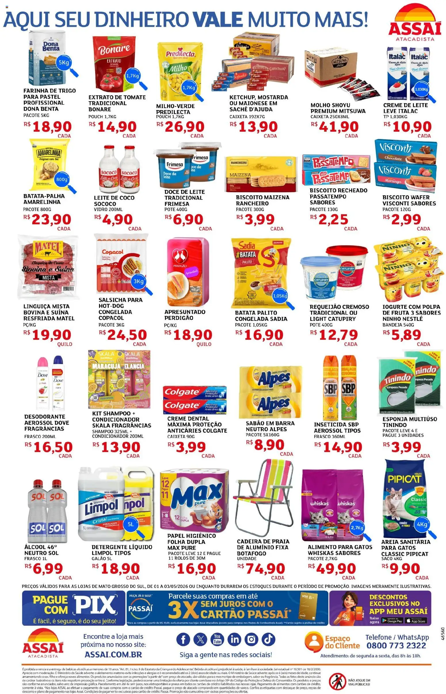 Assaí Atacadista Folheto - válido de 01.05.2026 | Página: 2 | Produtos: Salsicha, Chocolate, Creme dental, Biscoito recheado