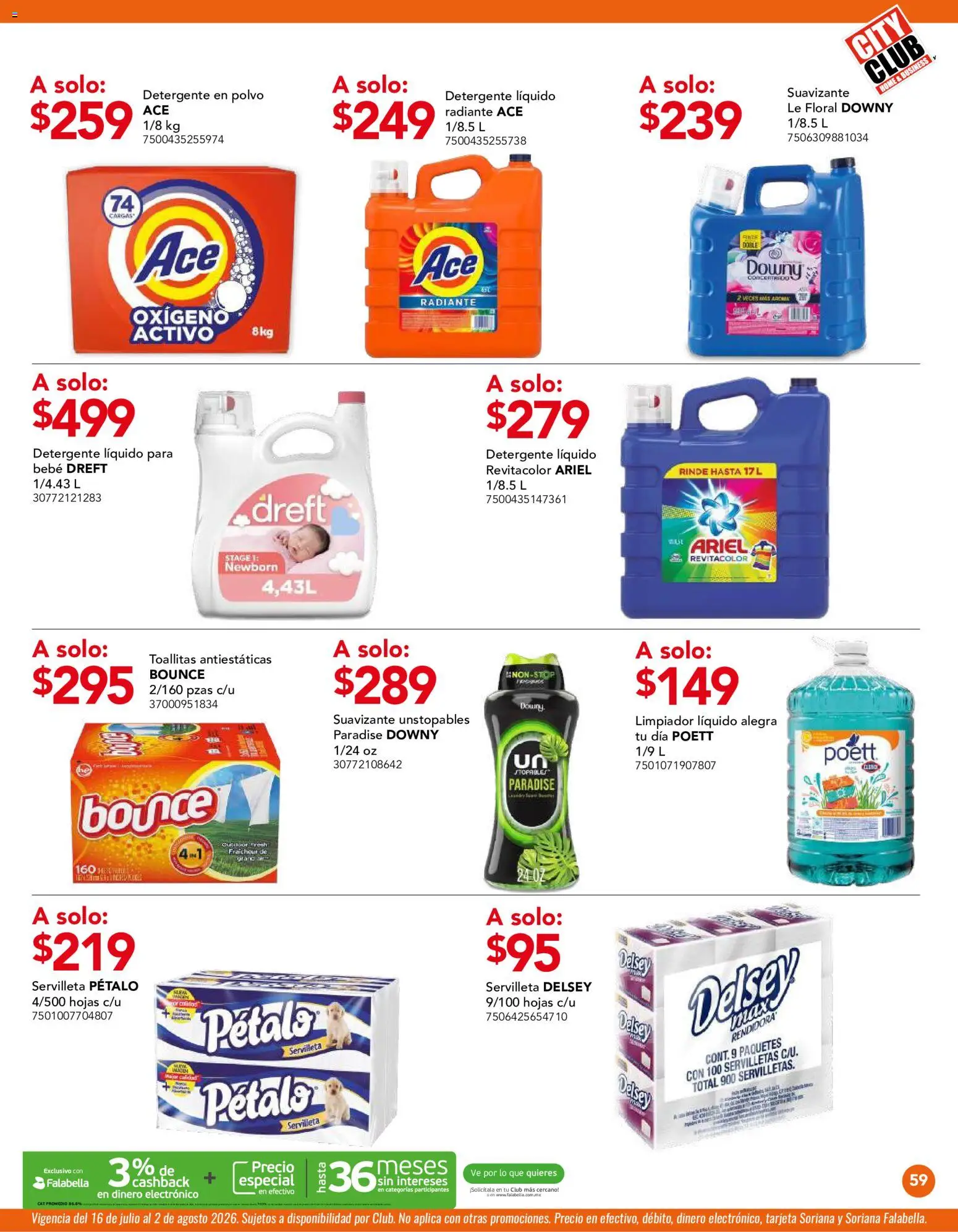 Nuevas ofertas de City Club válidas en toda la República Mexicana desde el 01/07/2026. ¡Encuentra las mejores ofertas en City Club catálogo! | Página: 59 | Productos: Detergente, Suavizante, Limpiador, Servilletas