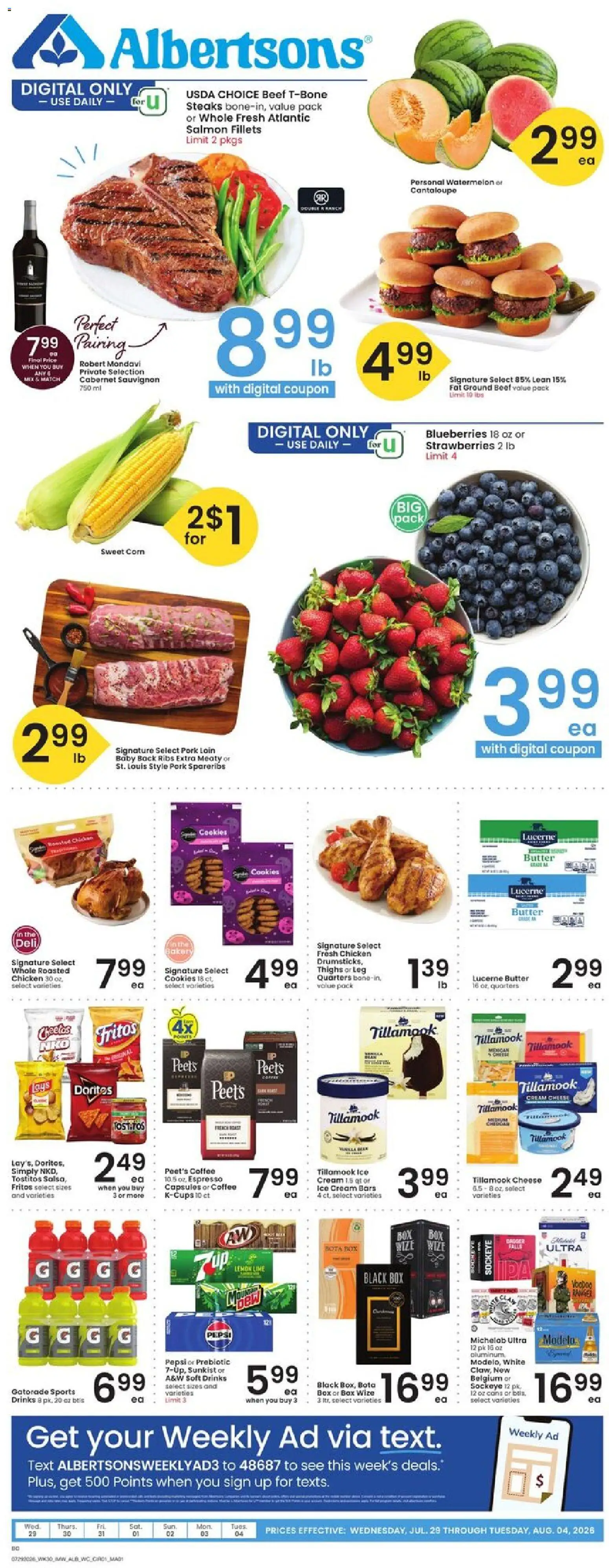 Albertsons Weekly Ad - valid from 07/29/2026 | Page: 1 | Products: Cheese, Coffee, Cookies, Blueberries