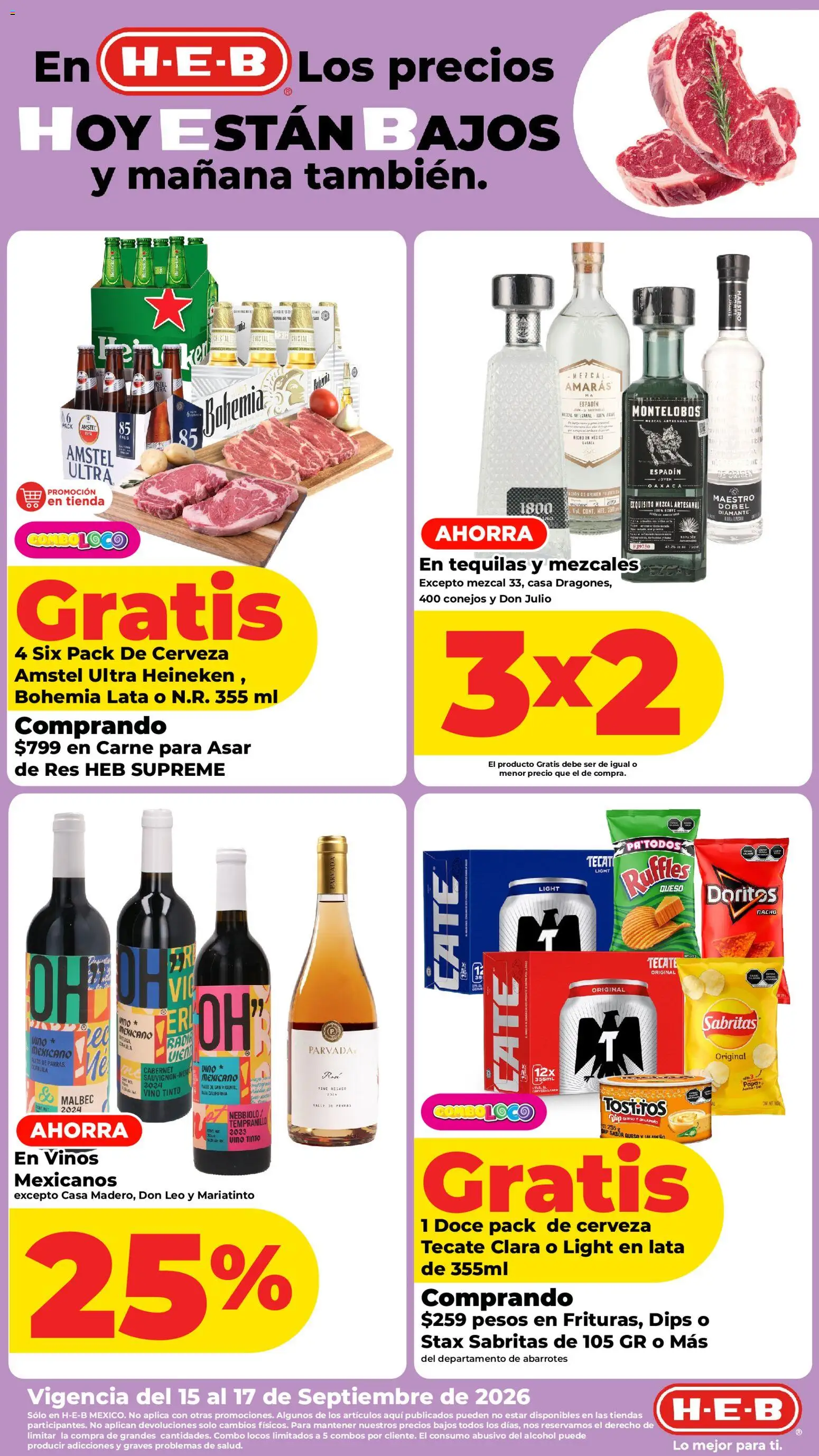 Nuevas ofertas de H-E-B válidas en toda la República Mexicana desde el 15/09/2026. ¡Encuentra las mejores ofertas en H-E-B folleto Los precios hoy están bajos! | Página: 1 | Productos: Papa, Vino tinto, Res, Heineken