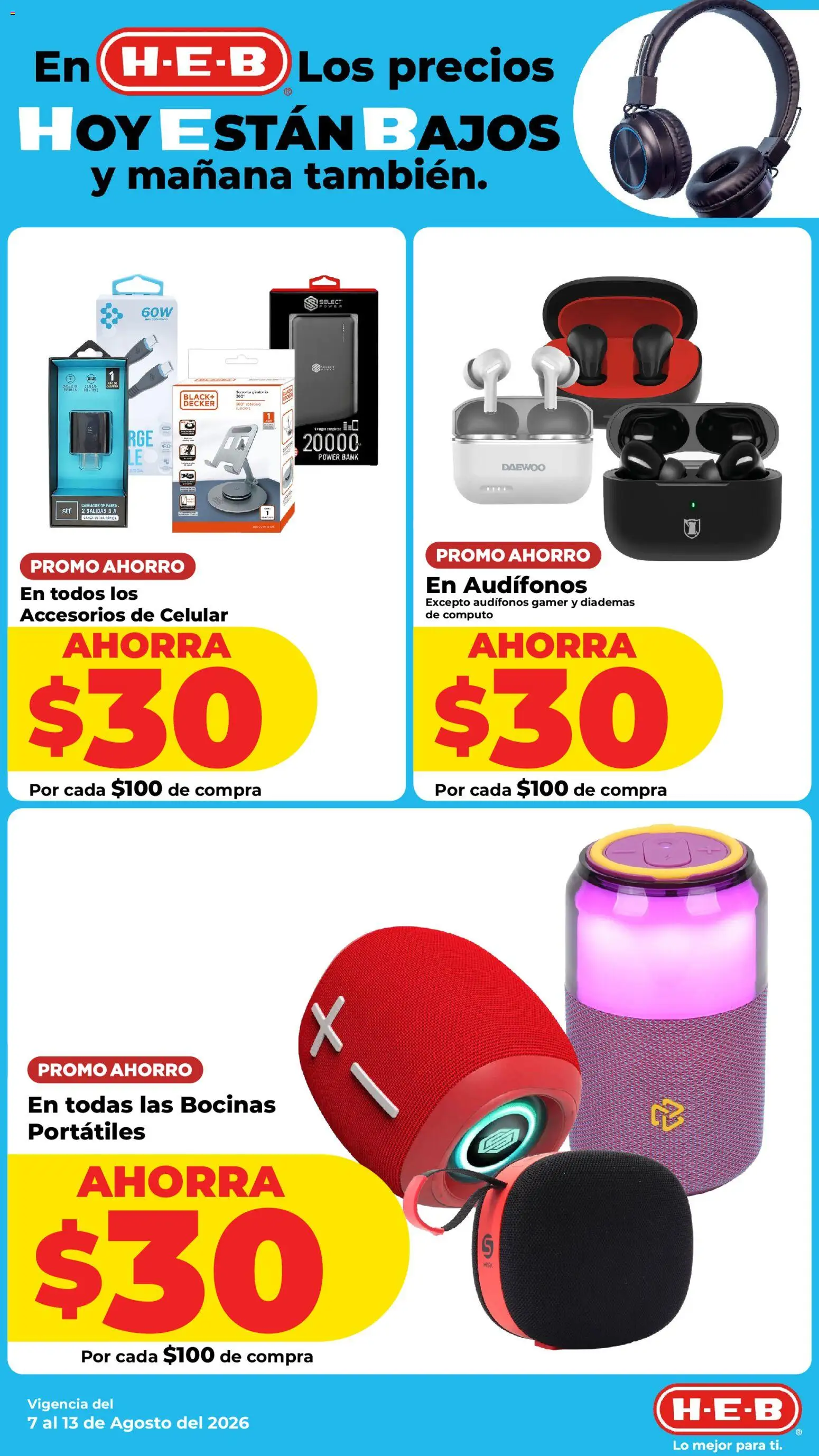 Nuevas ofertas de H-E-B válidas en toda la República Mexicana desde el 07/08/2026. ¡Encuentra las mejores ofertas en H-E-B folleto! | Página: 19 | Productos: Cargador, Audífonos