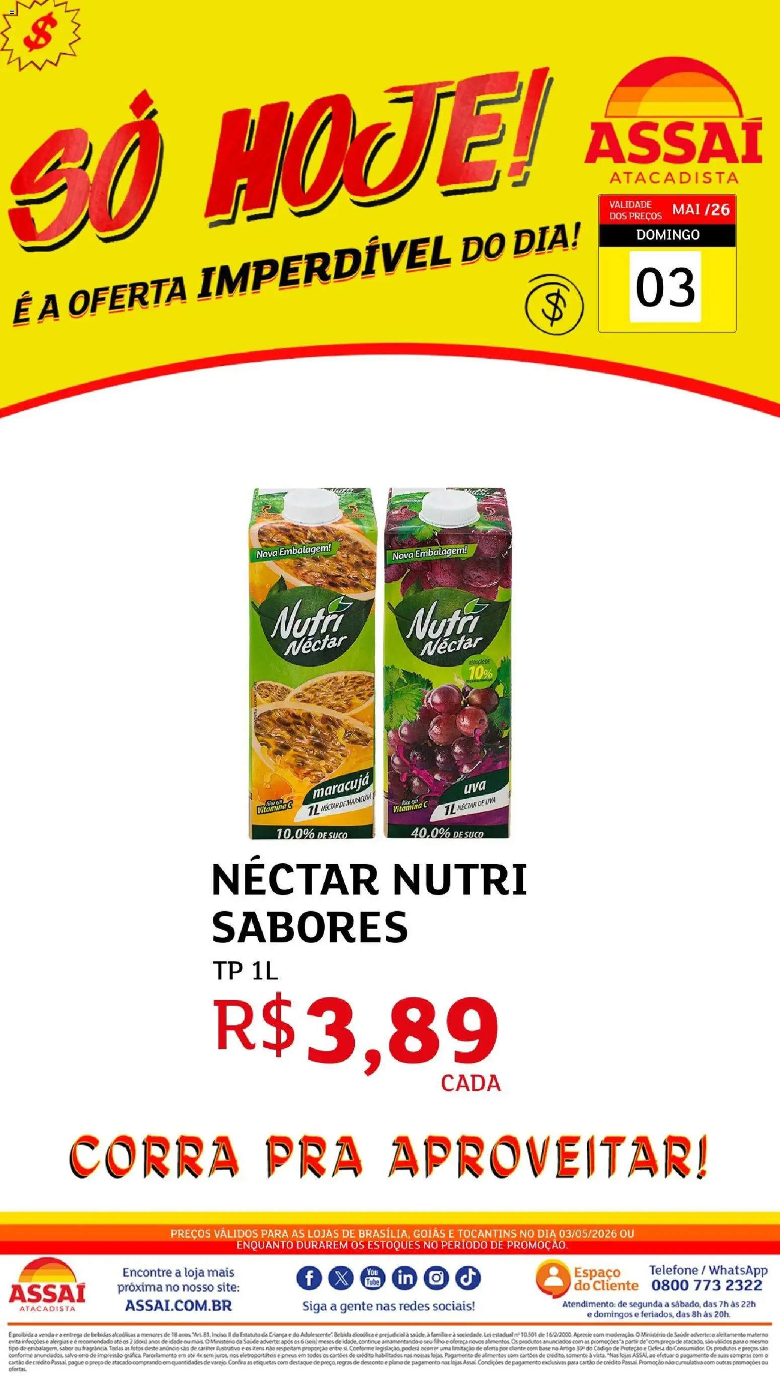 Assaí Atacadista Folheto - válido de 03.05.2026 | Página: 1 | Produtos: Suco, Pneus, Base, Telefone