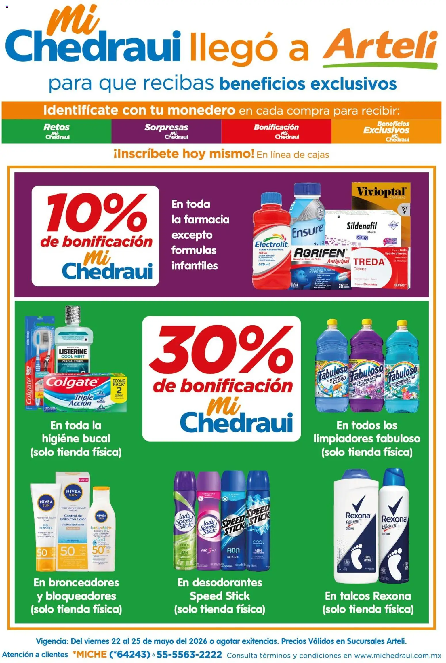 Nuevas ofertas de Arteli válidas en toda la República Mexicana desde el 22.05.2026. ¡Encuentra las mejores ofertas en Arteli folleto MiChedraui! | Página: 1 | Productos: Monedero, Brillo, Cloro, Protector solar