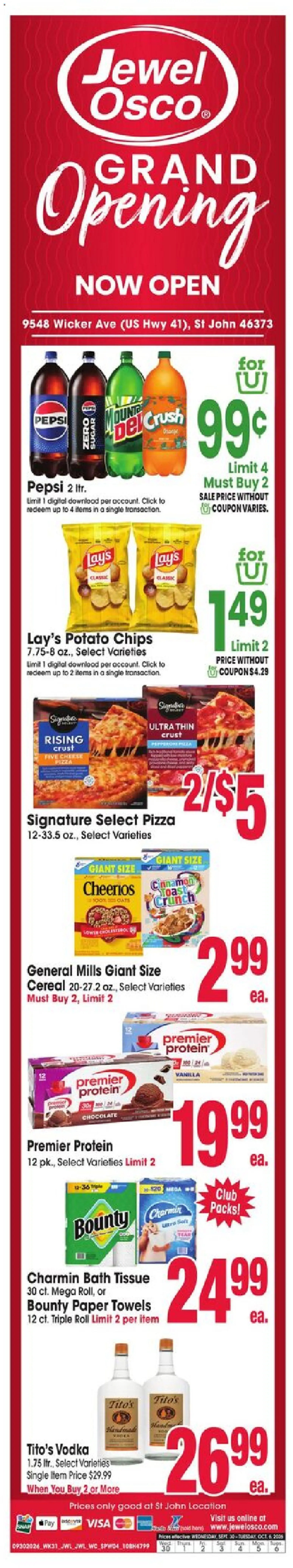 Jewel Osco Grand Opening - valid from 09/30/2026 | Page: 3 | Products: Pizza, Vodka, Paper towels, Pepsi