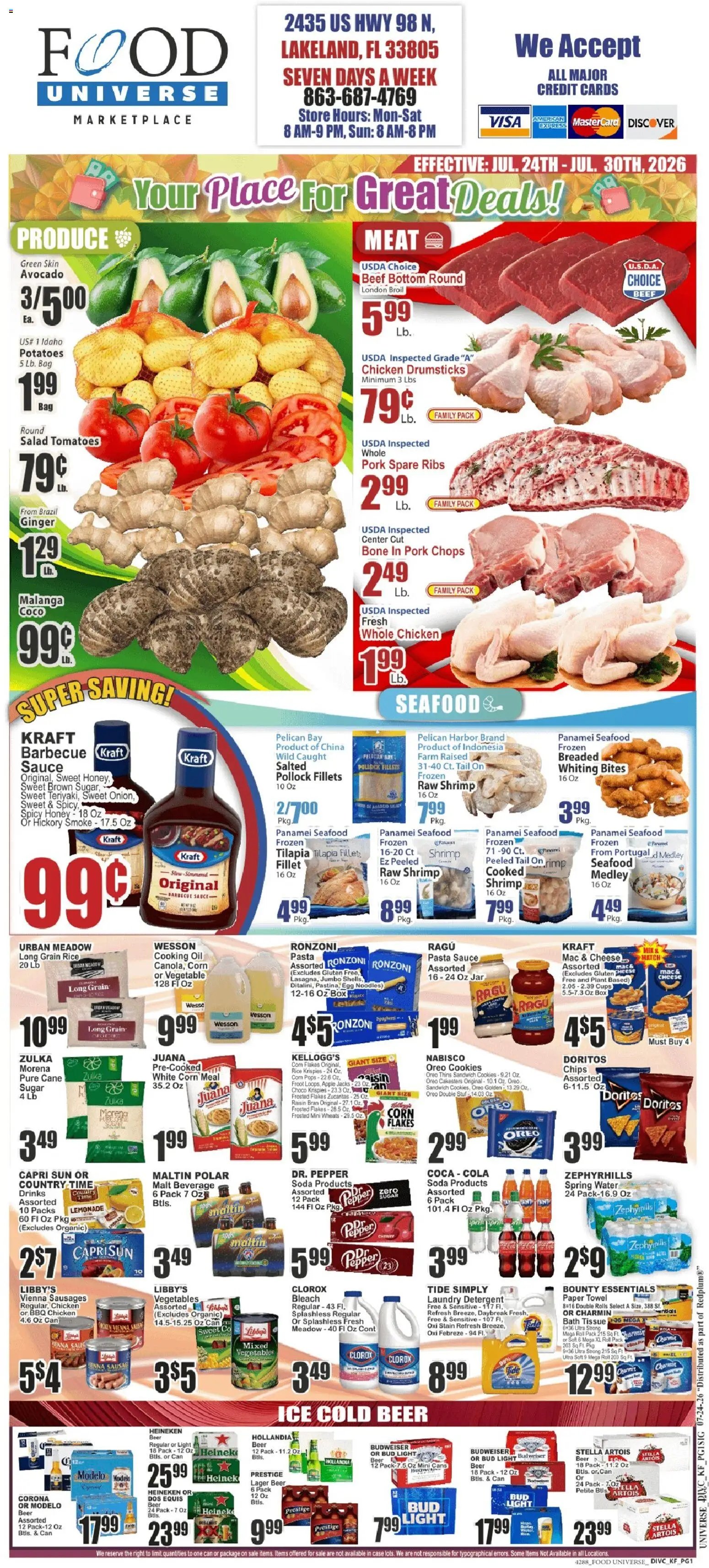 Food Universe Weekly Ad - valid from 07/24/2026 | Page: 1 | Products: Bath, Pasta, Chips, Seafood