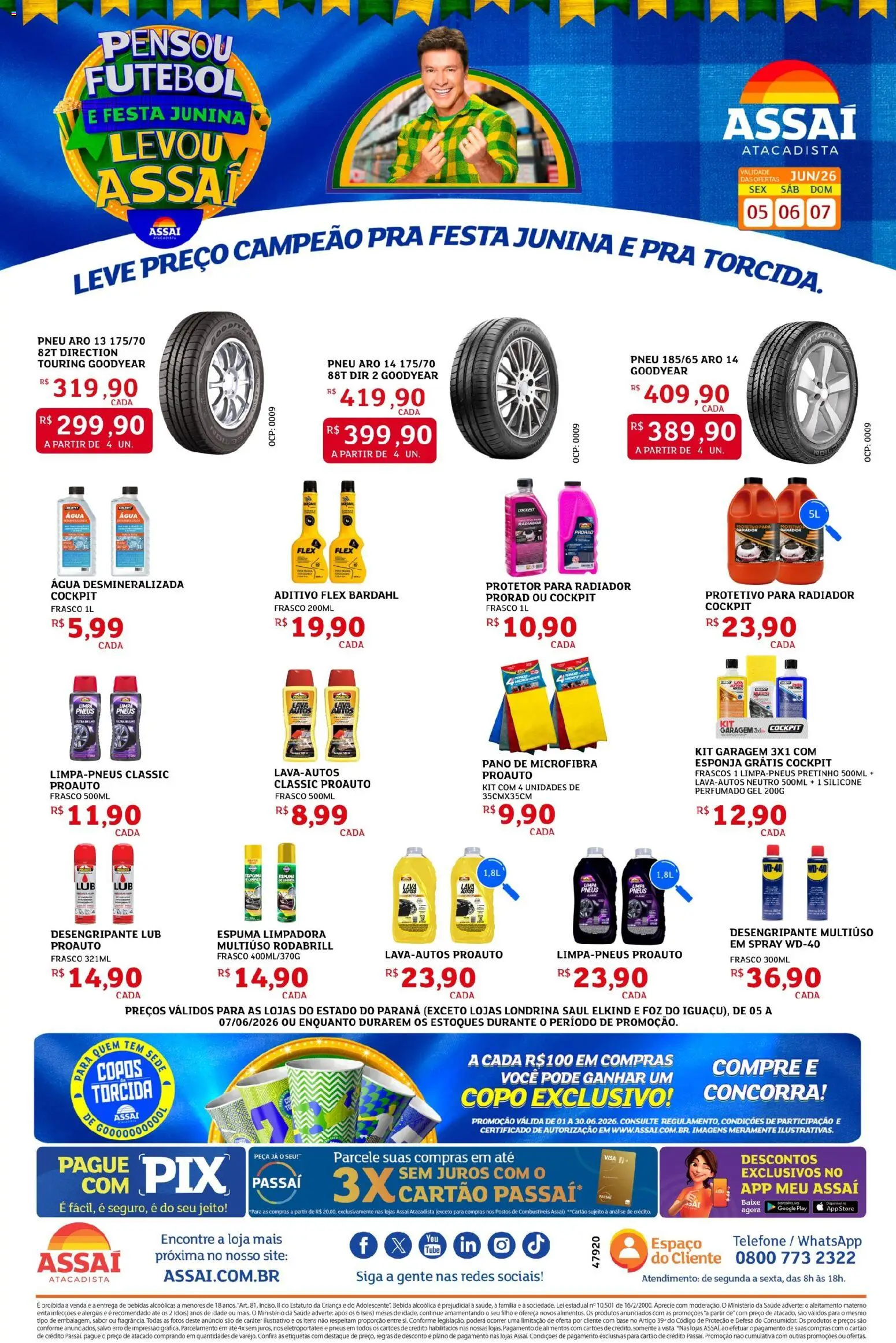 Assaí Atacadista Folheto - válido de 05.06.2026 | Página: 1 | Produtos: Esponja, Pneus, Telefone, Copos
