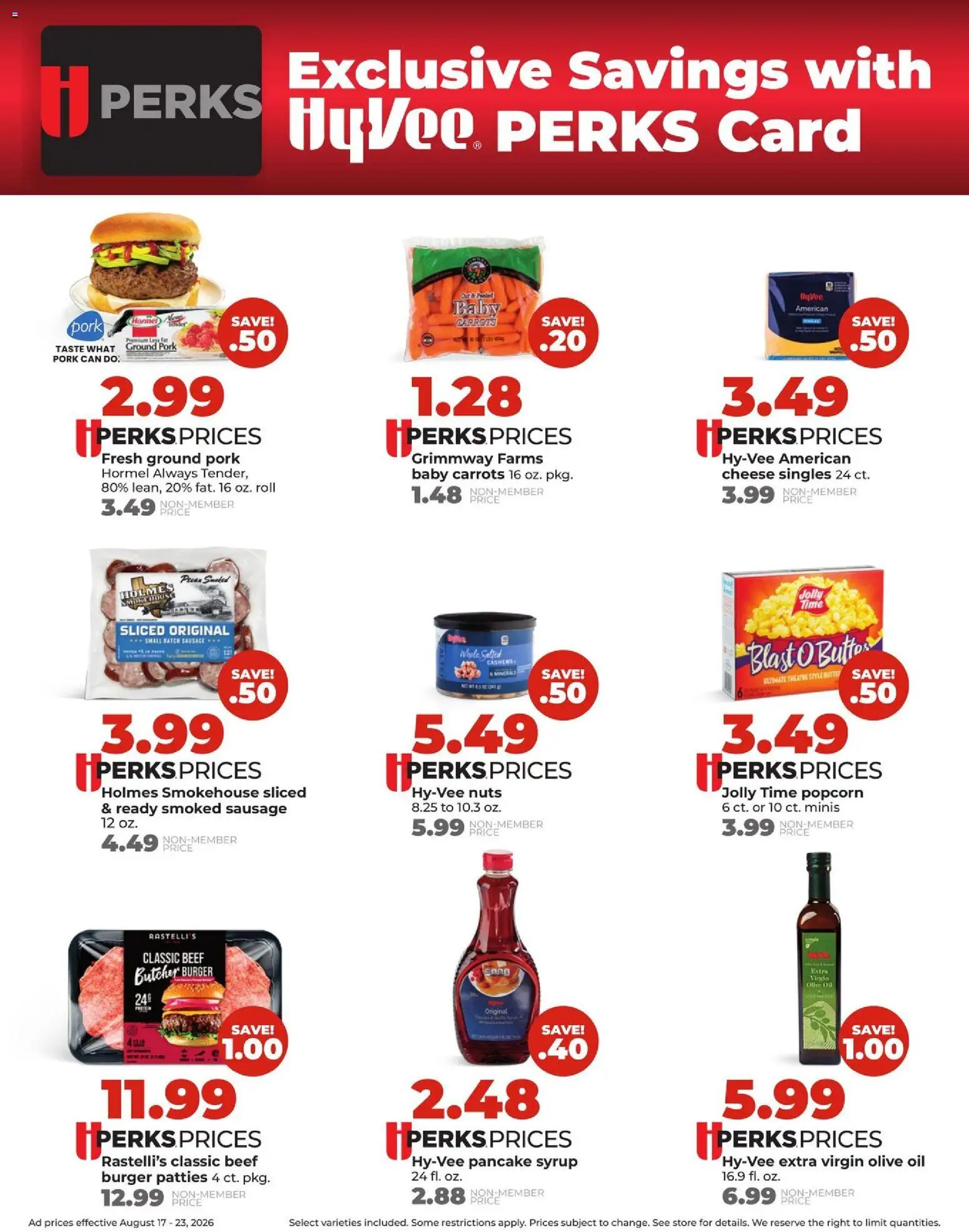 HyVee Weekly Ad - valid from 08/17/2026 | Page: 6 | Products: Ground pork, Sausage, Caro, Extra virgin olive oil