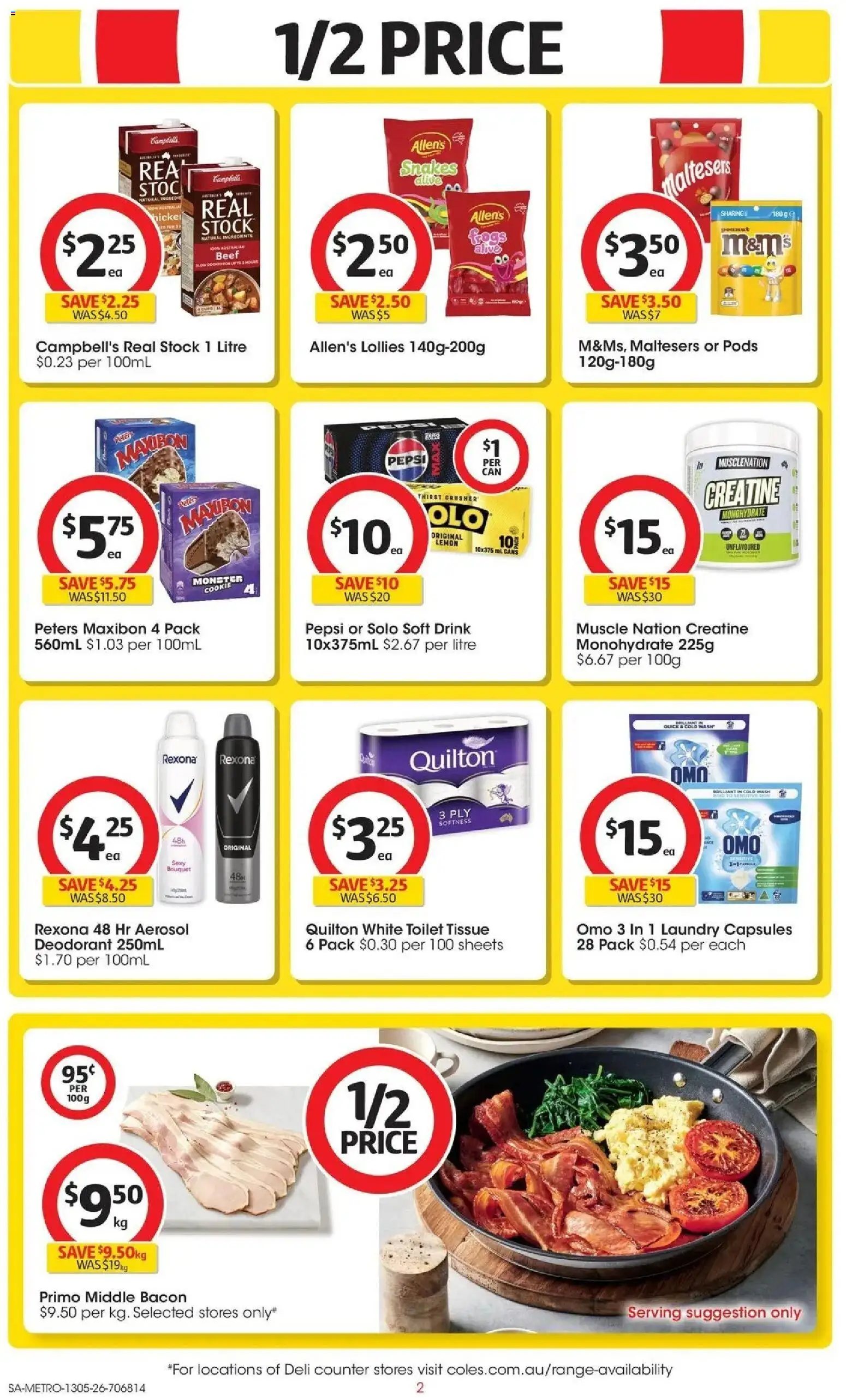 Coles catalogue - valid from 13.05.2026 | Page: 2 | Products: Bacon, Deodorant, Lollies, Laundry