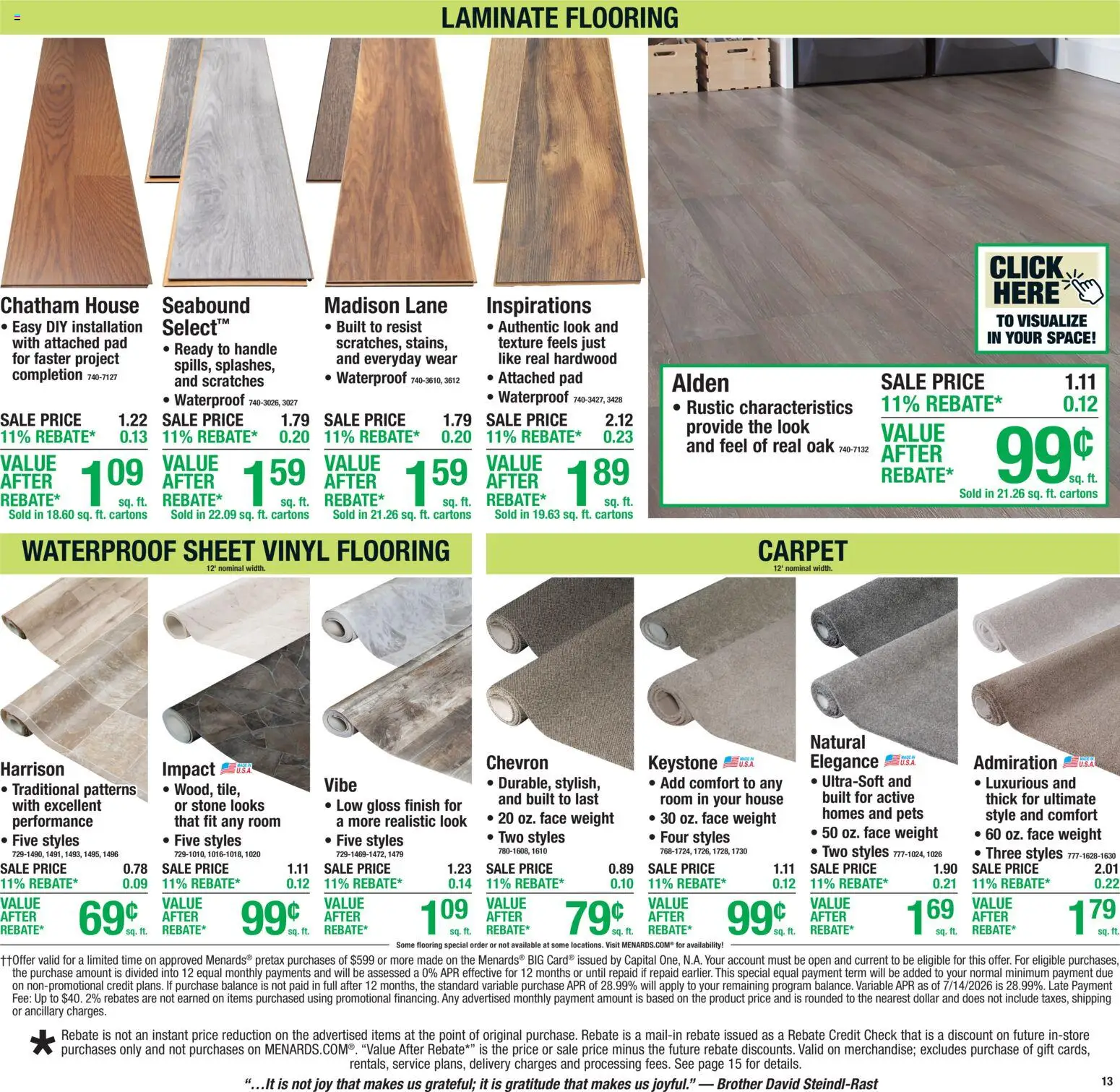 Menards Weekly Ad - valid from 08/13/2026 | Page: 16 | Products: Laminate flooring, Carpet, Sheet, Weight